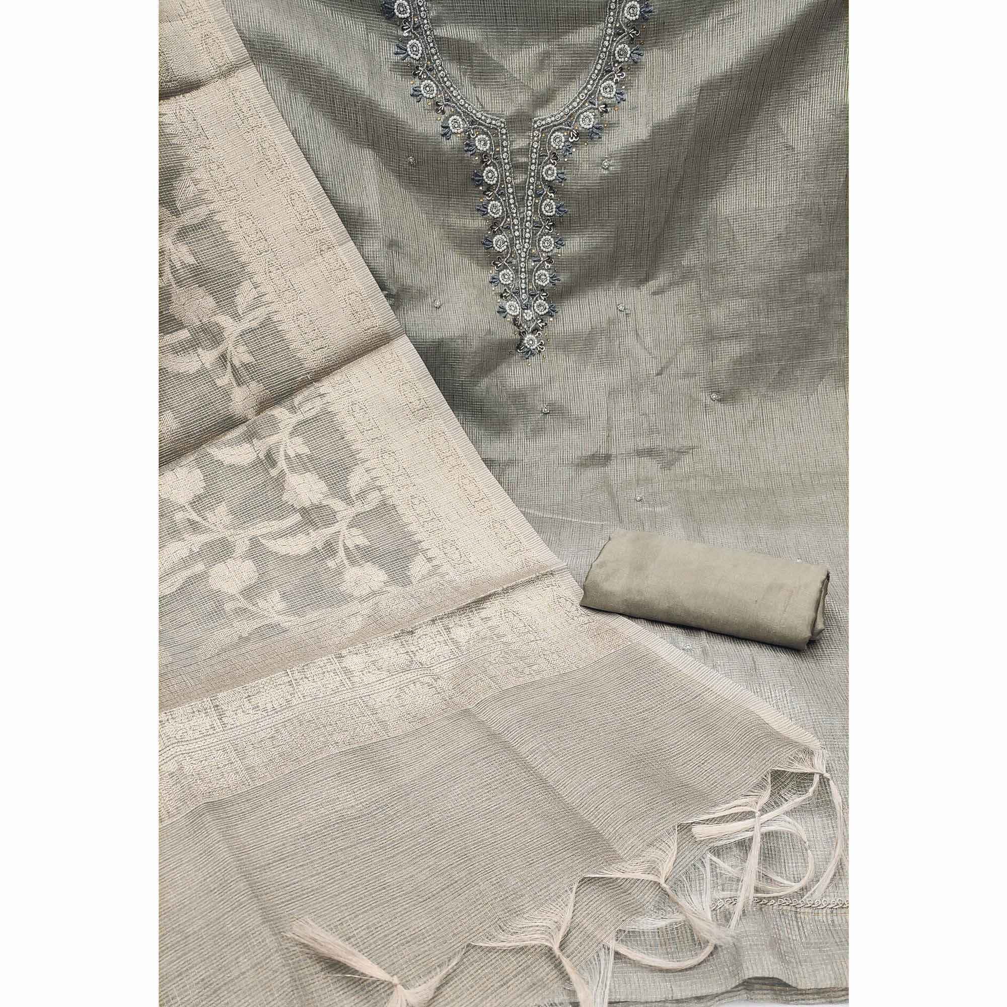 Grey Woven With Moti Handwork Viscose Dress Material