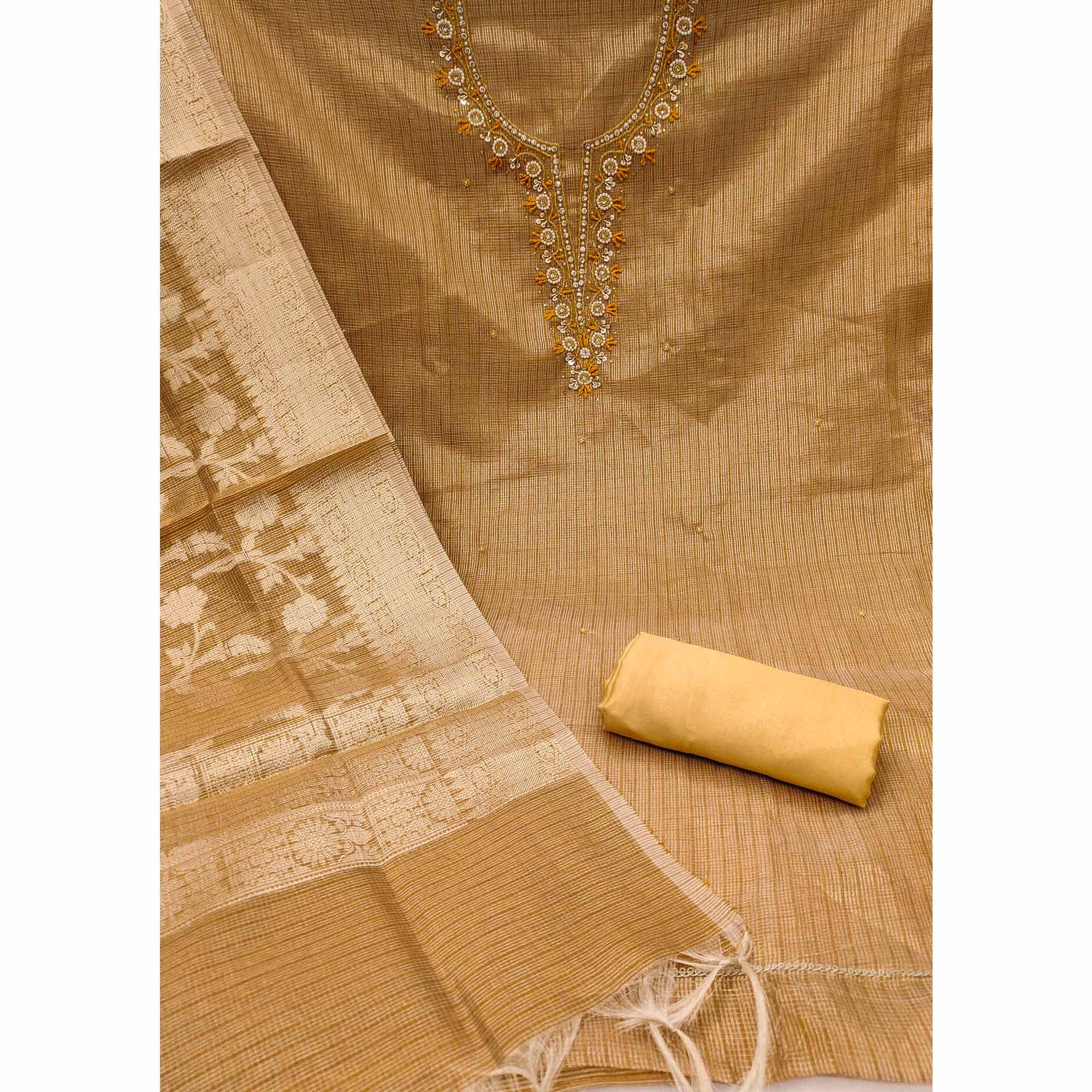 Mustard Woven With Moti Handwork Viscose Dress Material