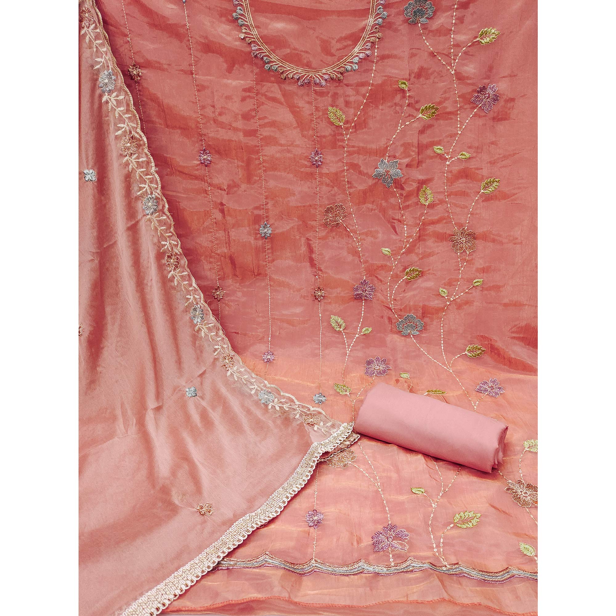 Peach Floral Sequins Embroidered Viscose Golden Crush Dress Material