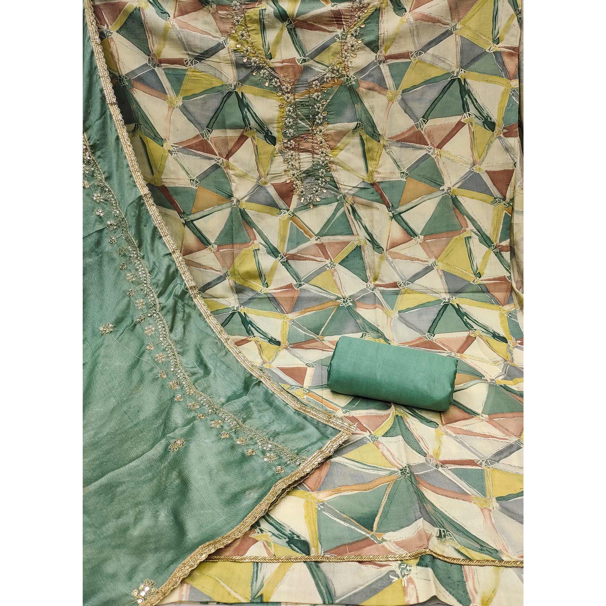 Green Geometric Digital Printed With Handwork Roman Cotton Silk Dress Material