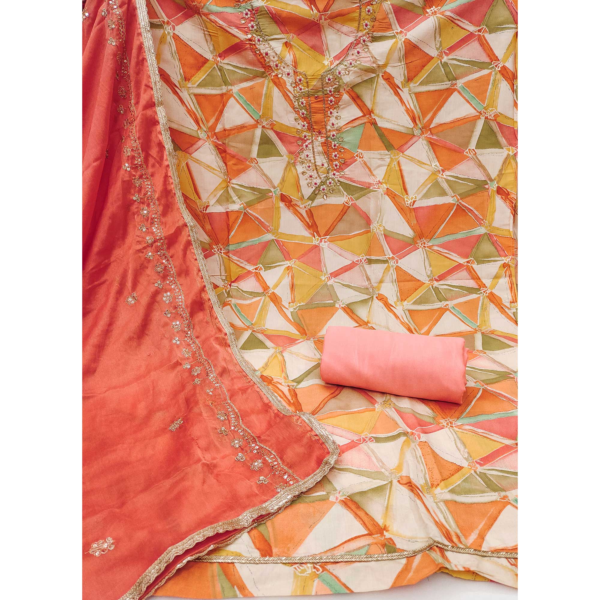 Peach Geometric Digital Printed With Handwork Roman Cotton Silk Dress Material