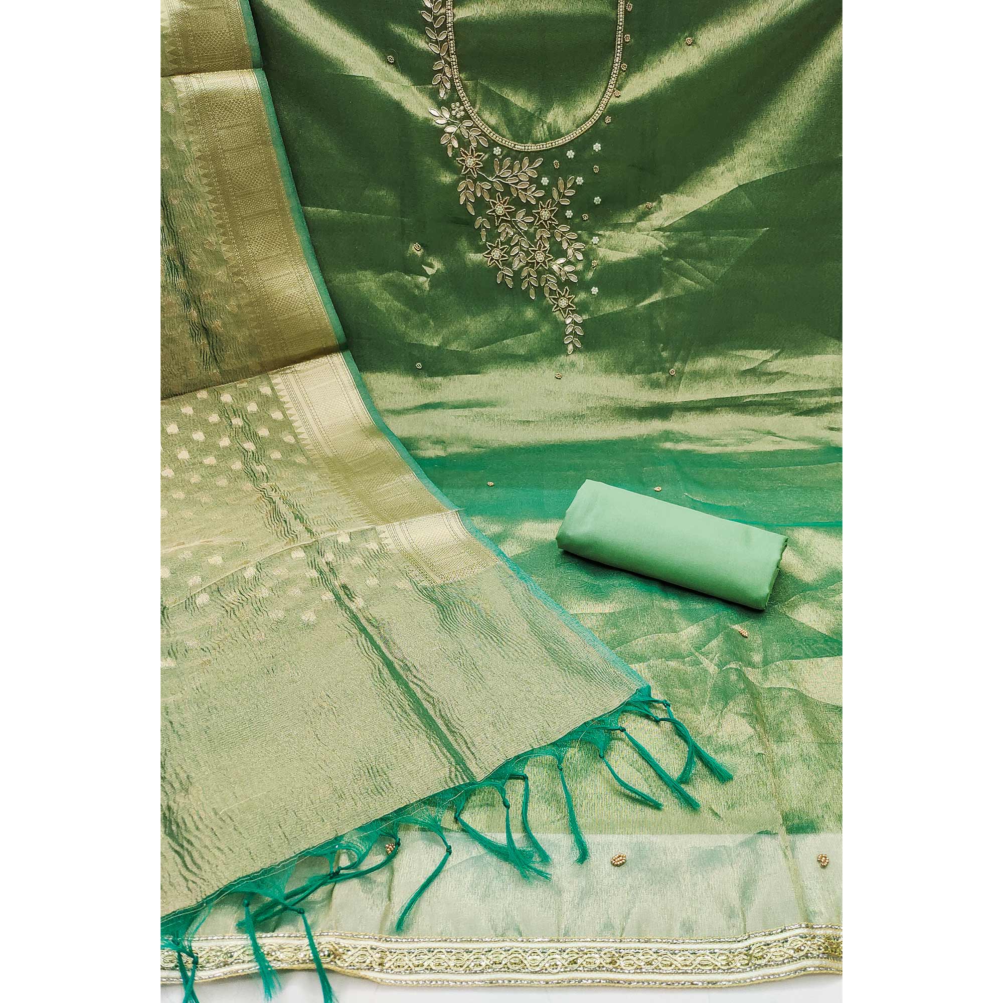 Green Floral Moti & Gota Patti Handwork Viscose Dress Material