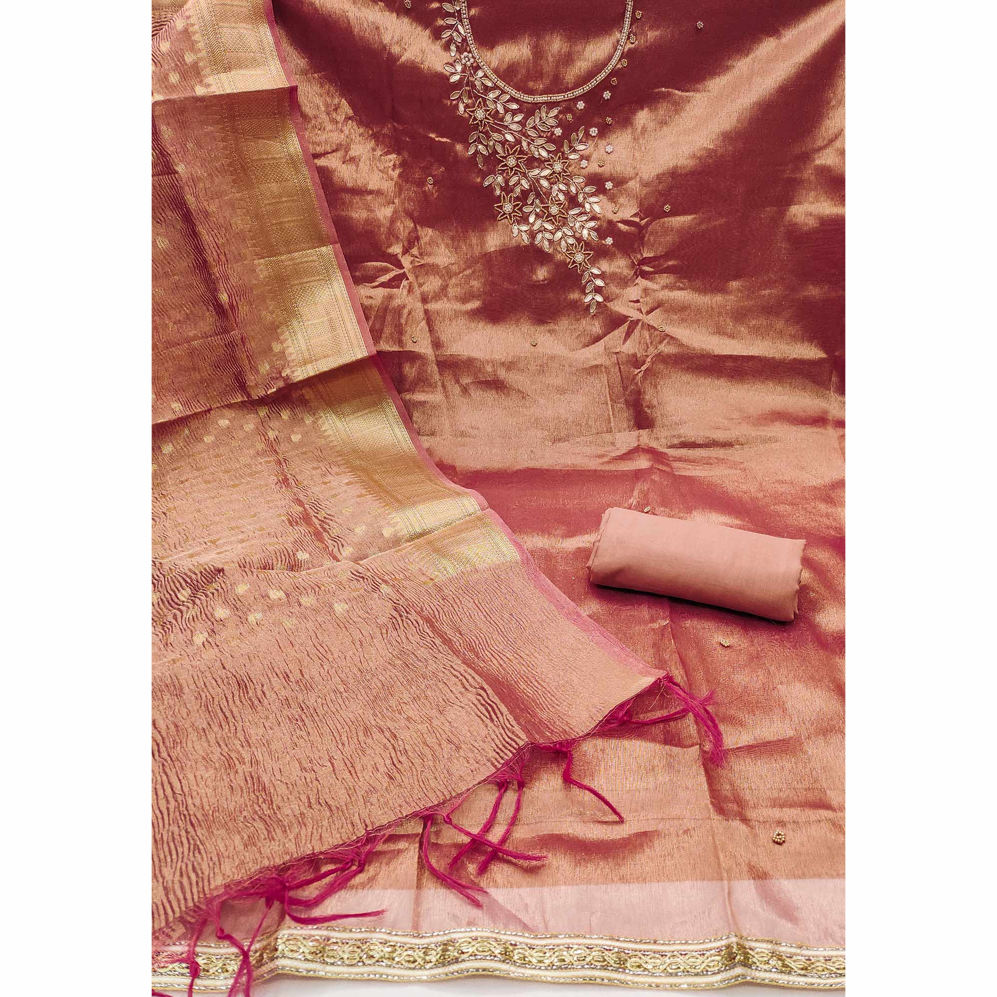 Peach Floral Moti & Gota Patti Handwork Viscose Dress Material