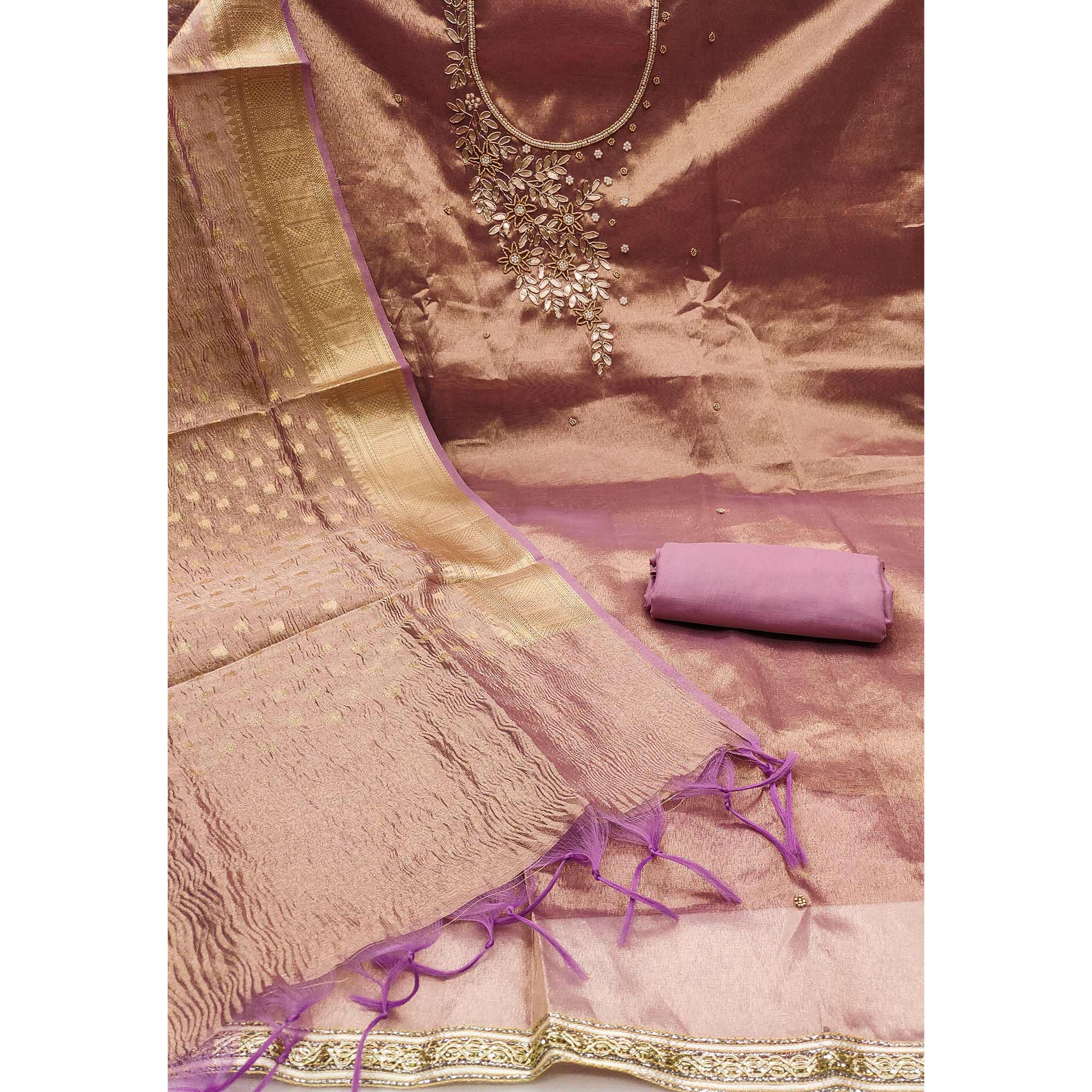 Purple Floral Moti & Gota Patti Handwork Viscose Dress Material