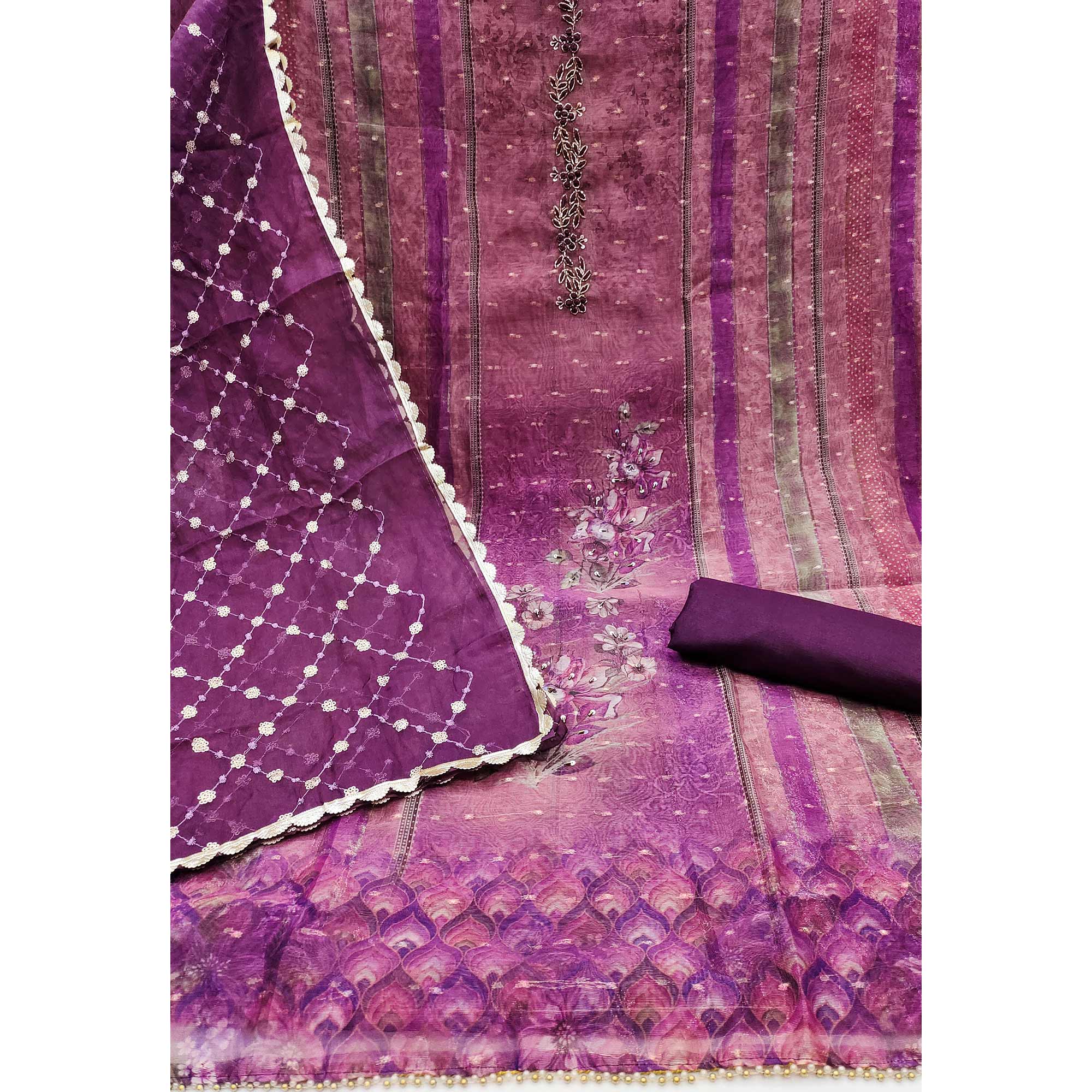 Purple Floral Printed With Handwork Shimmer Viscose Dress Material