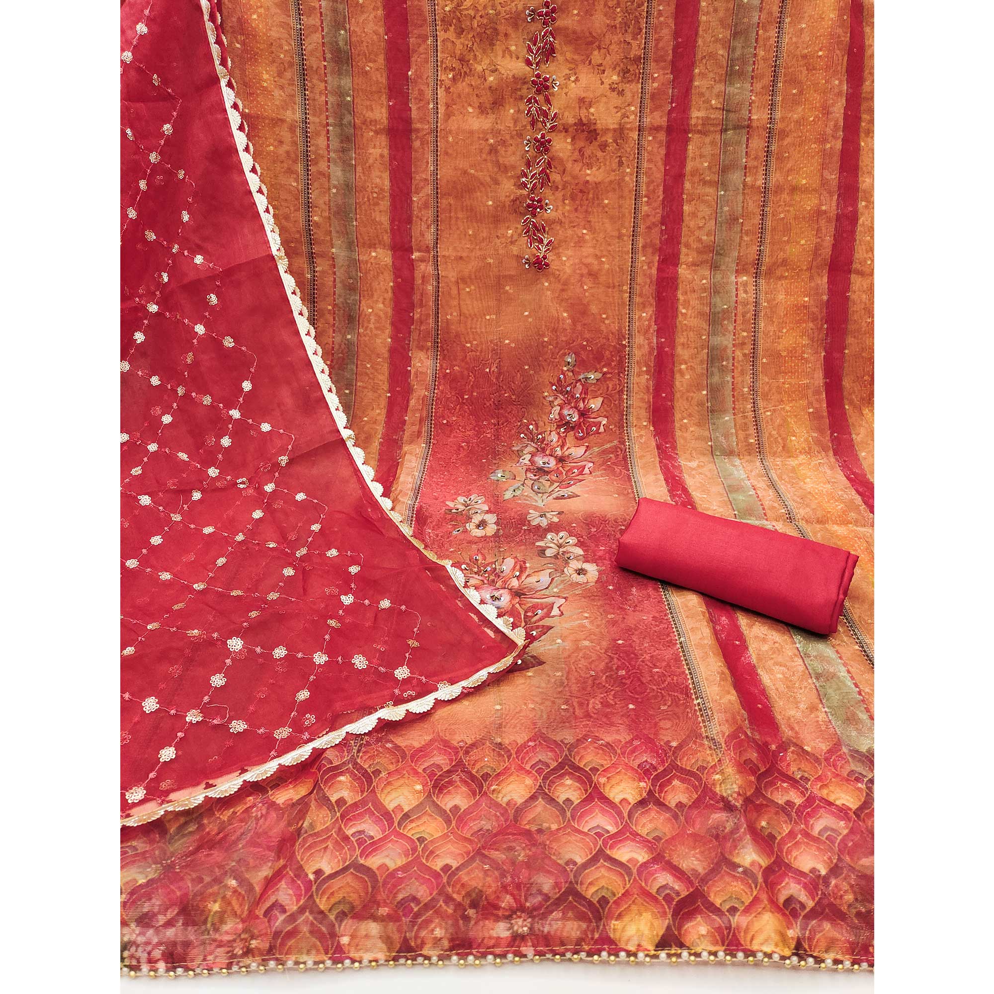 Red & Orange Floral Printed With Handwork Shimmer Viscose Dress Material