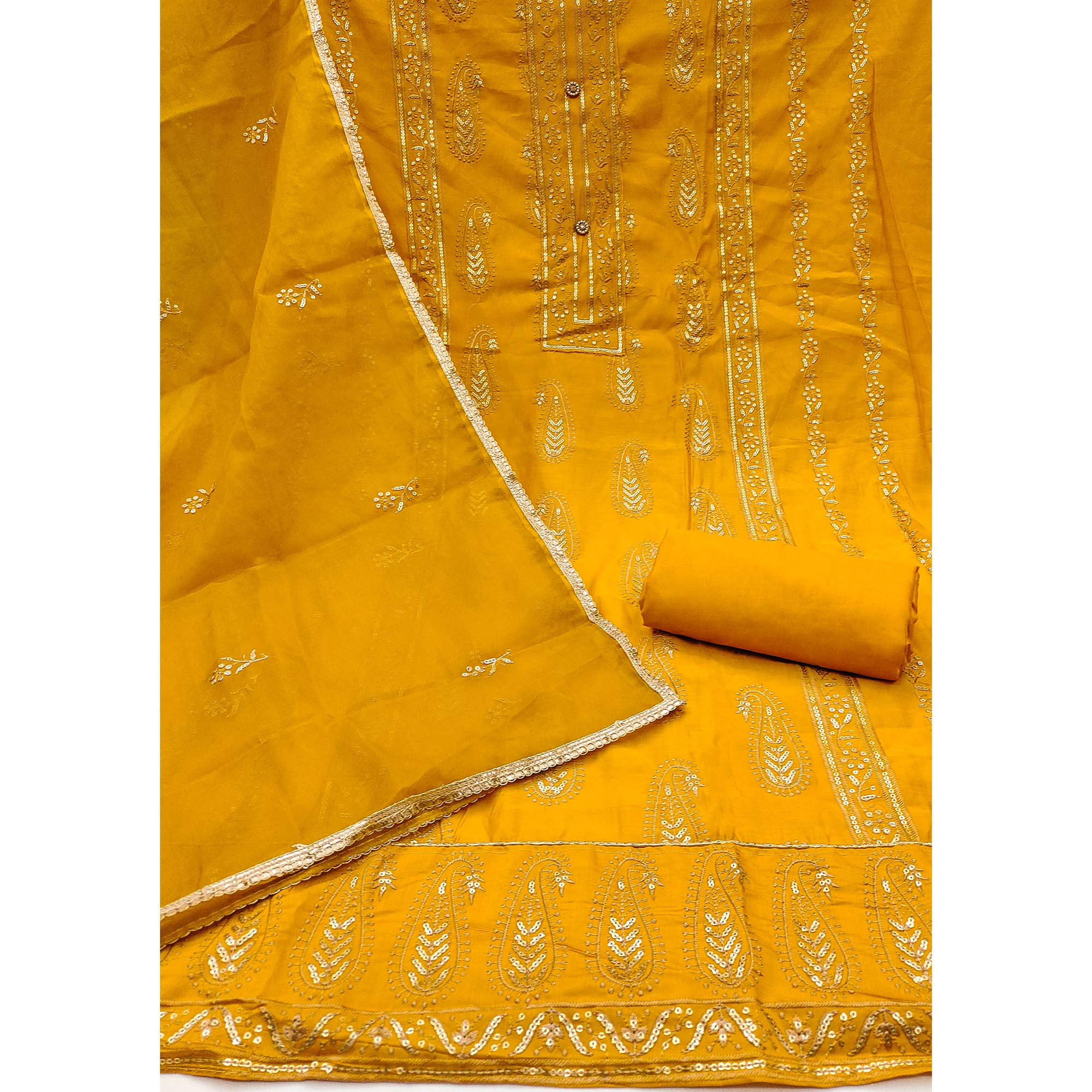 Yellow Floral Sequins Embroidered Cotton Silk Dress Material