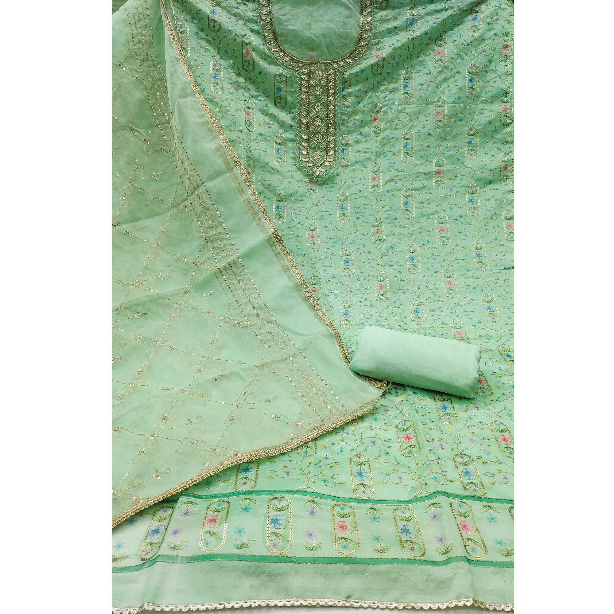 Sea Green Floral Sequins Embroidery With Handwork Viscose Dress Material