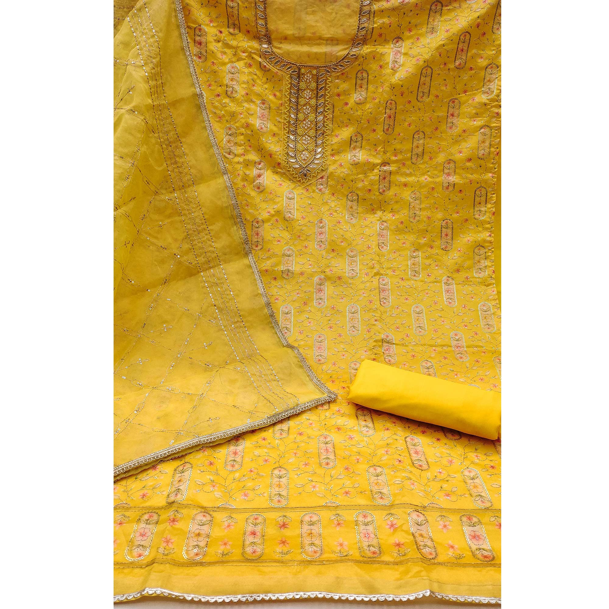 Yellow Floral Sequins Embroidery With Handwork Viscose Dress Material