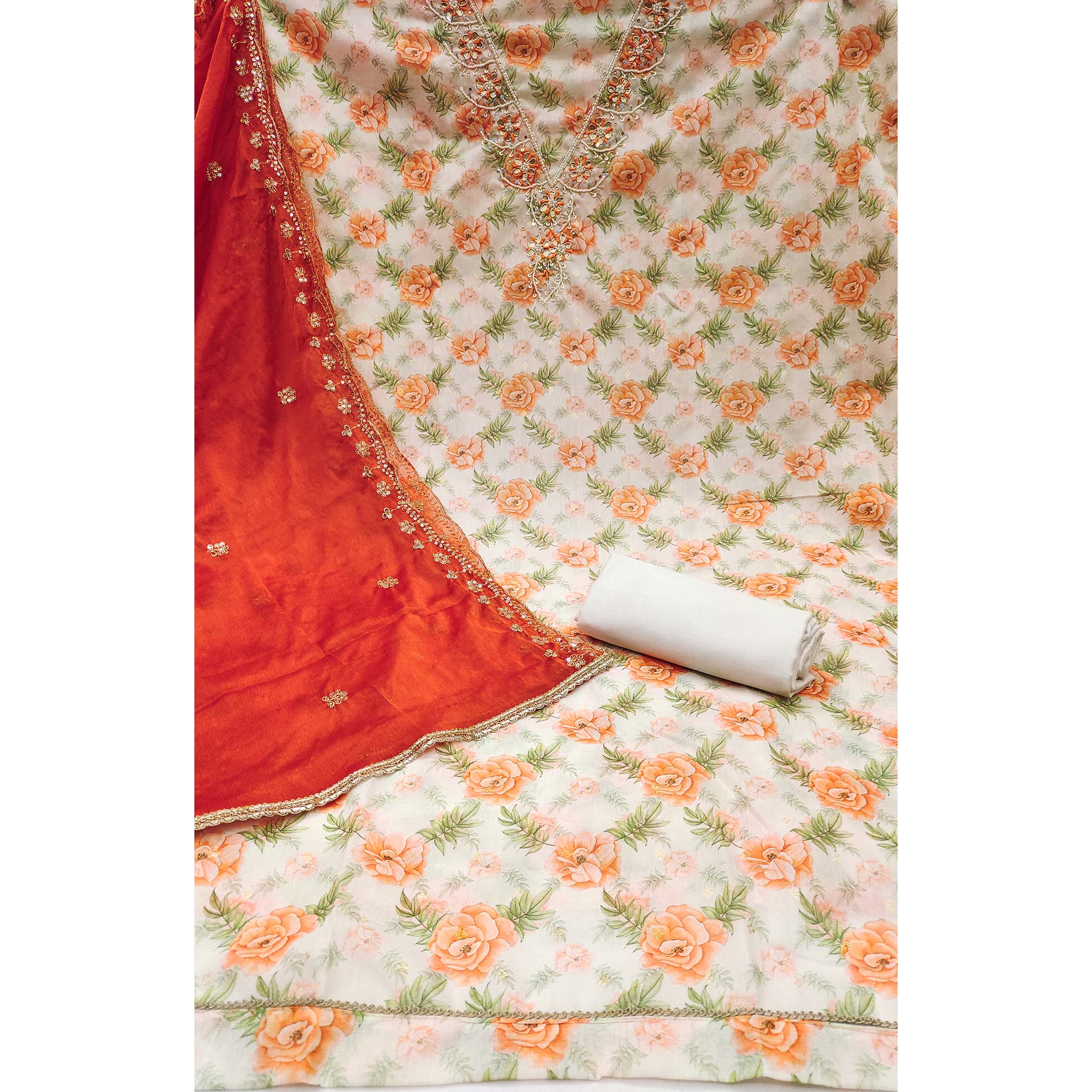Orange Floral Digital Printed With Handwork Chanderi Silk Dress Material