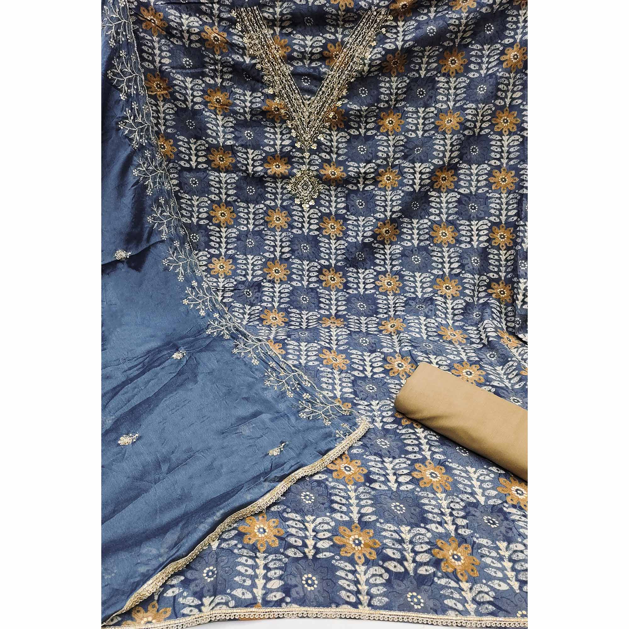 Blue Floral Printed With Handwork Pure Cotton Dress Material