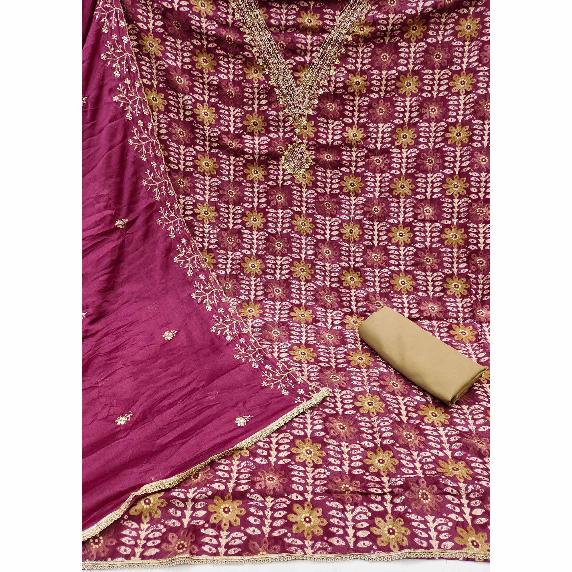 Dark Magenta Floral Printed With Handwork Pure Cotton Dress Material