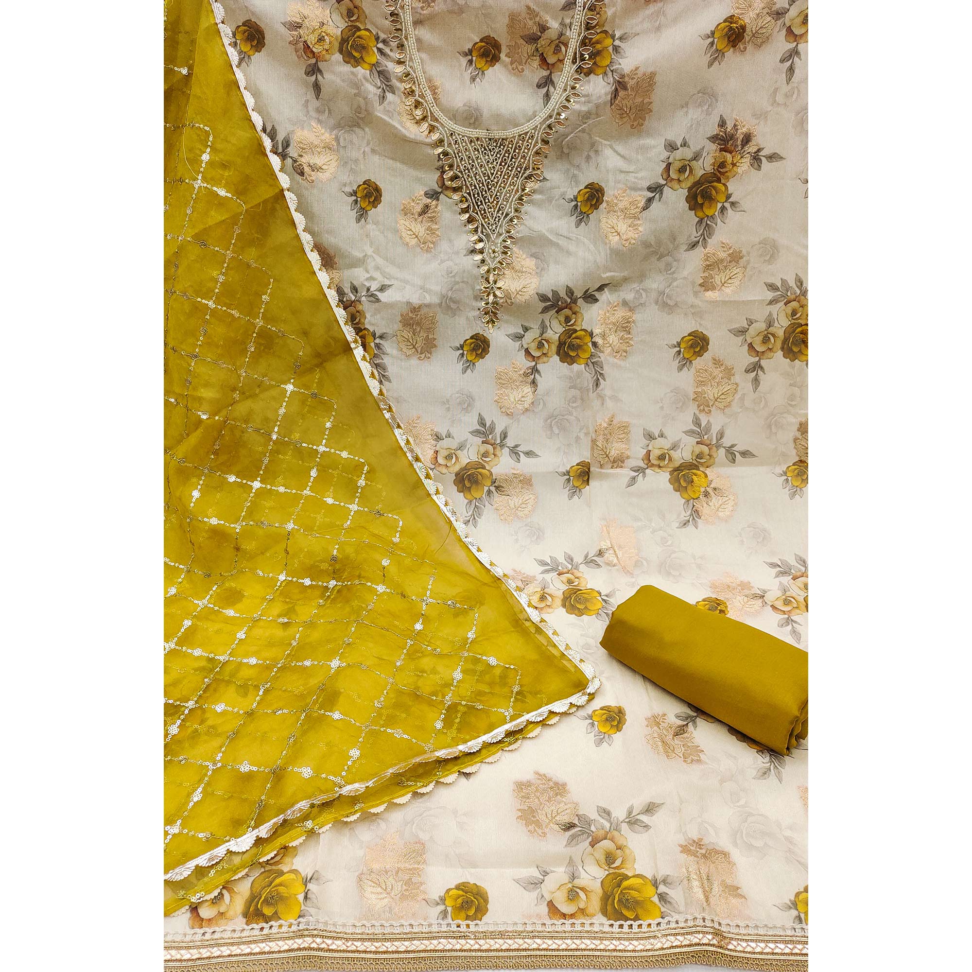 Mustard Floral Digital Printed With Handwork Viscose Banarasi Dress Material