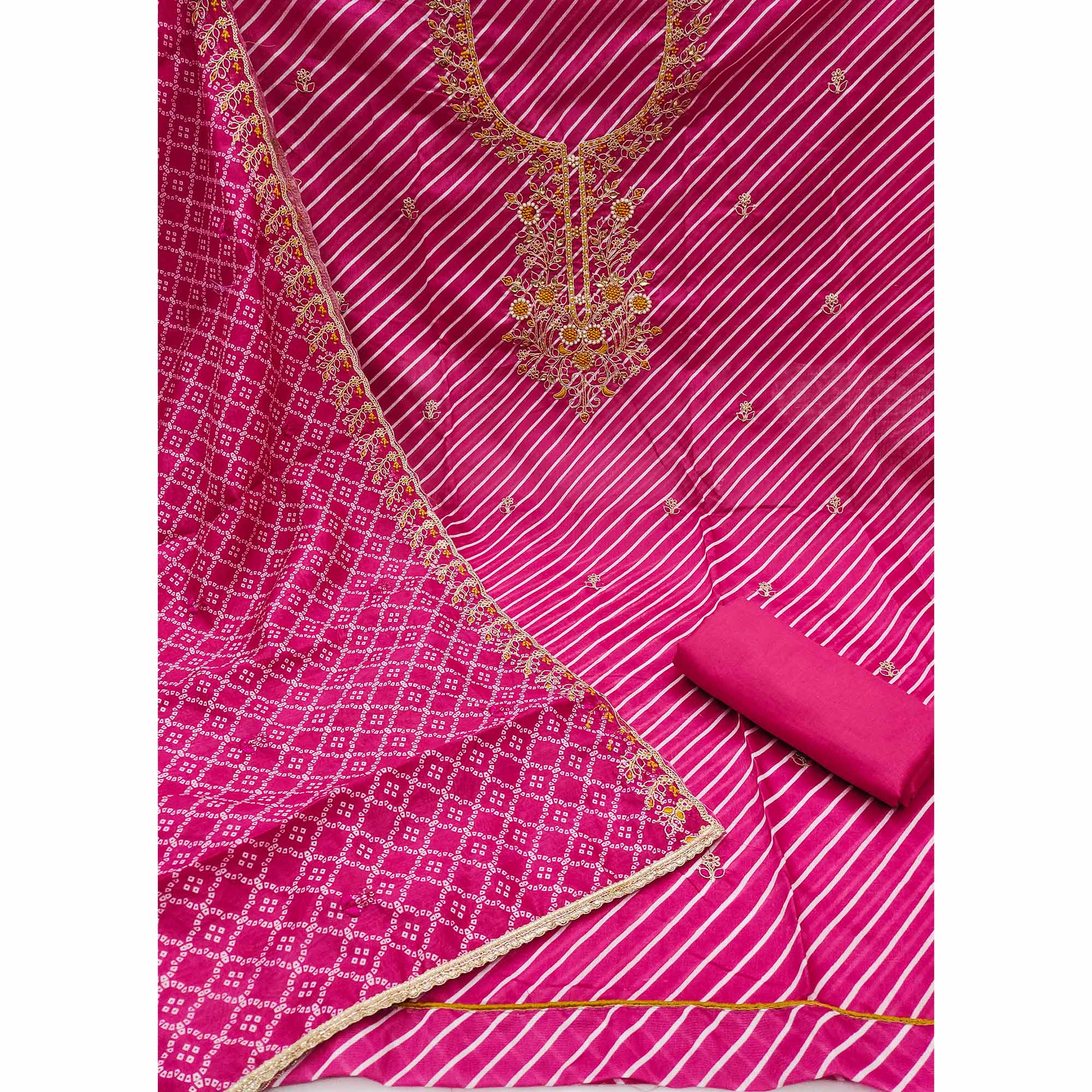 Rani Pink Striped Digital Printed With Handwork Muslin Dress Material