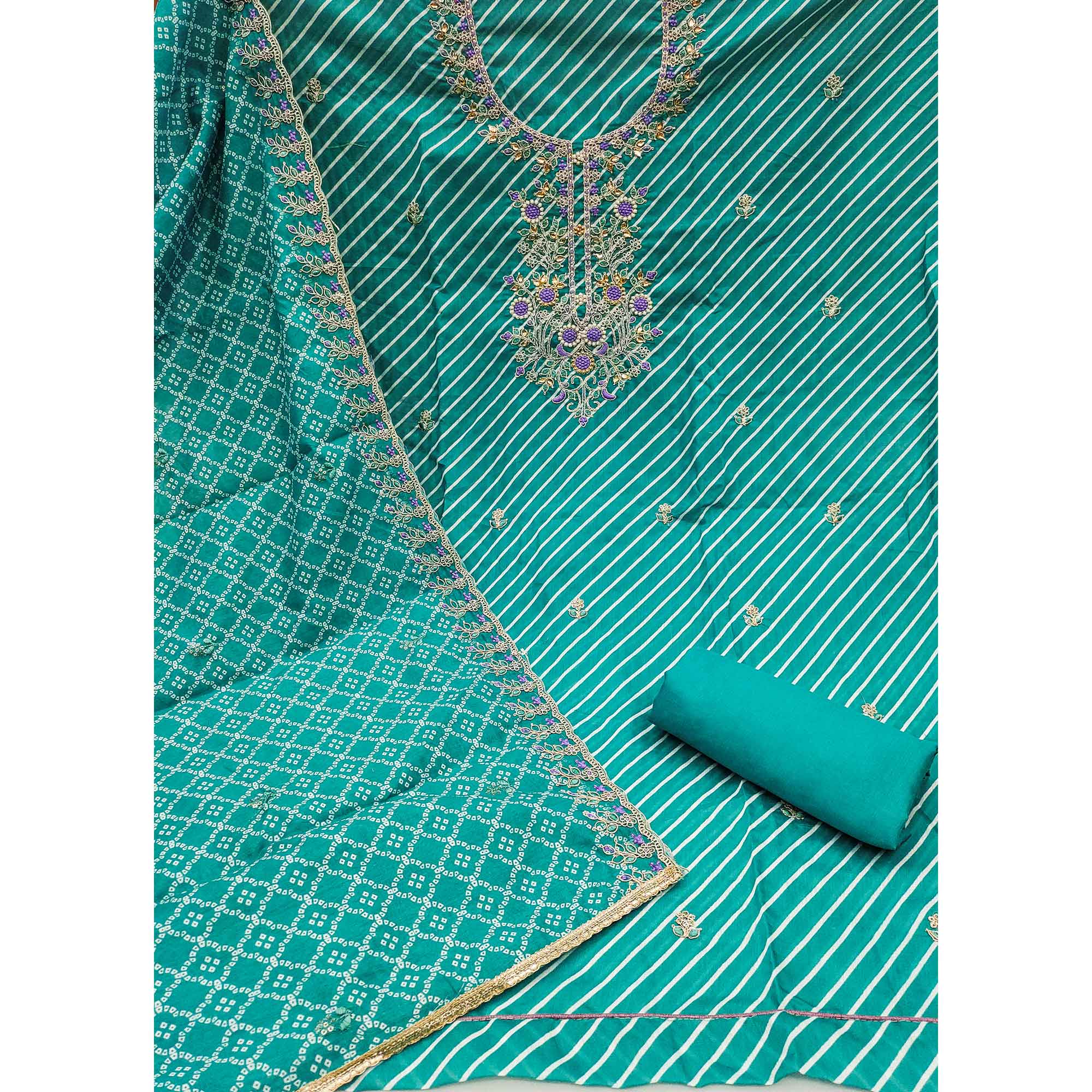 Rama Green Striped Digital Printed With Handwork Muslin Dress Material