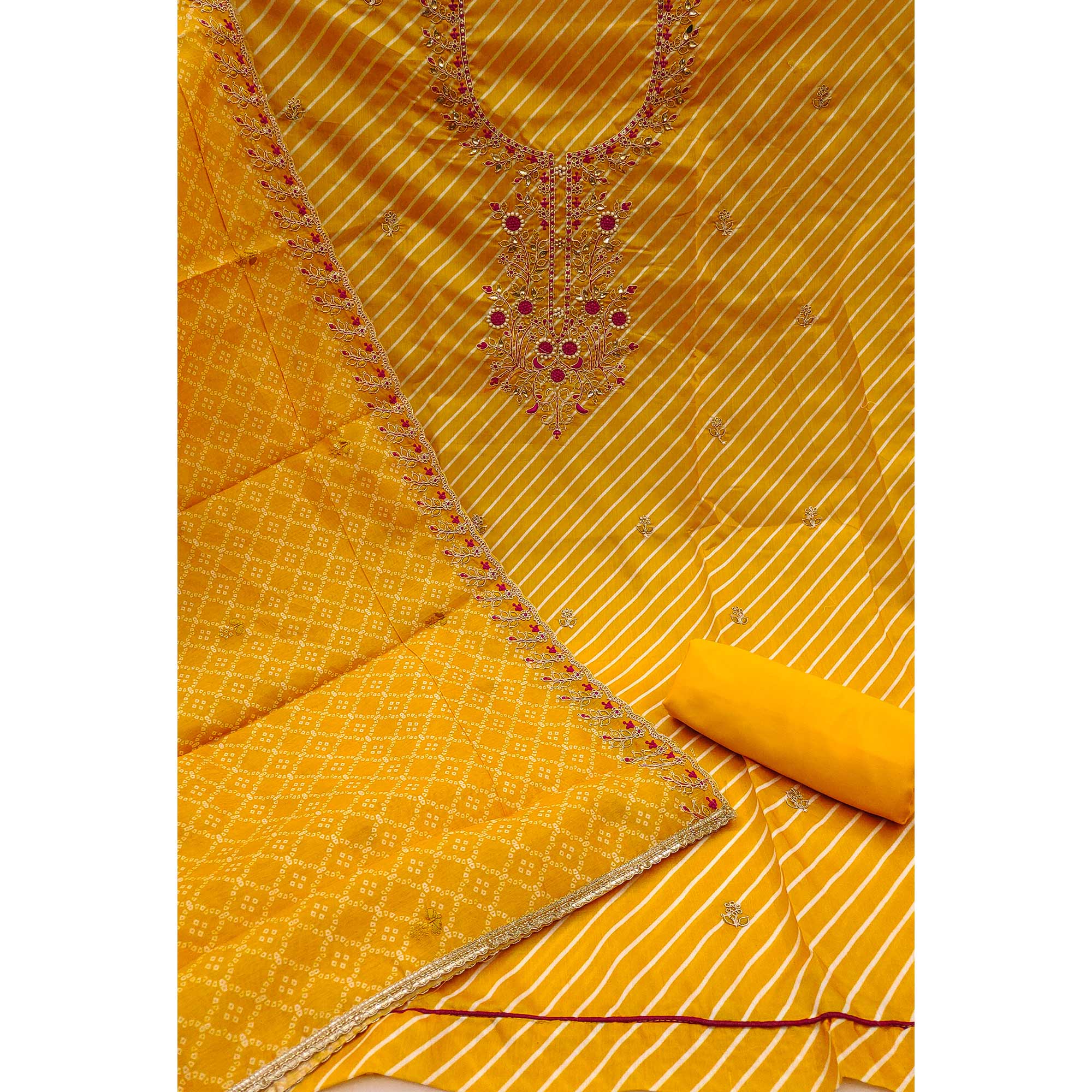 Yellow Striped Digital Printed With Handwork Muslin Dress Material