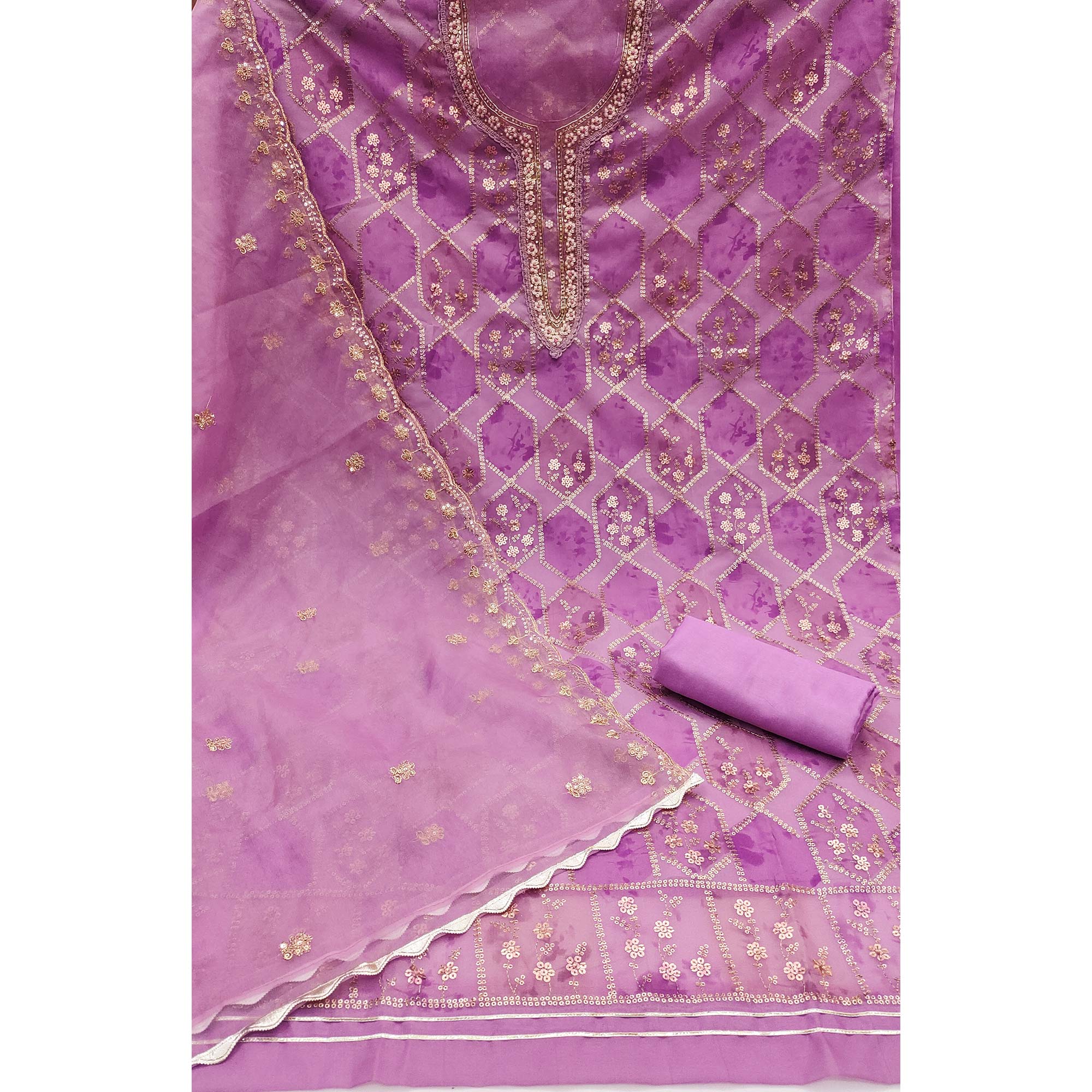 Purple Floral Sequins Embroidery With Handwork Organza Dress Material