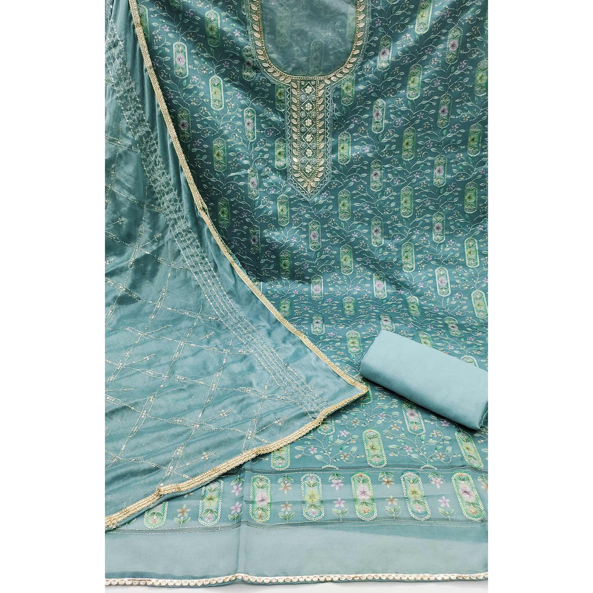 Blue Floral Sequins Embroidery With Handwork Organza Dress Material