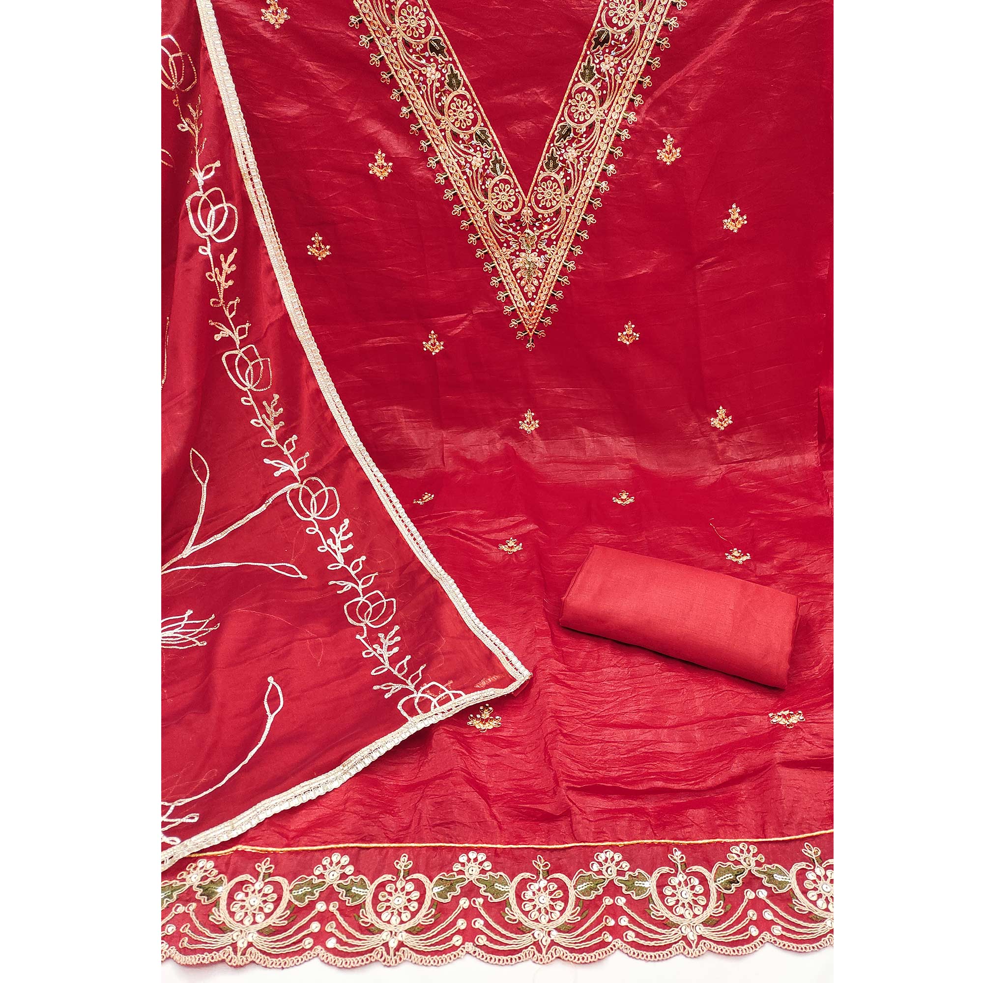 Red Sequins Embroidery With Handwork Viscose Golden Crush Dress Material