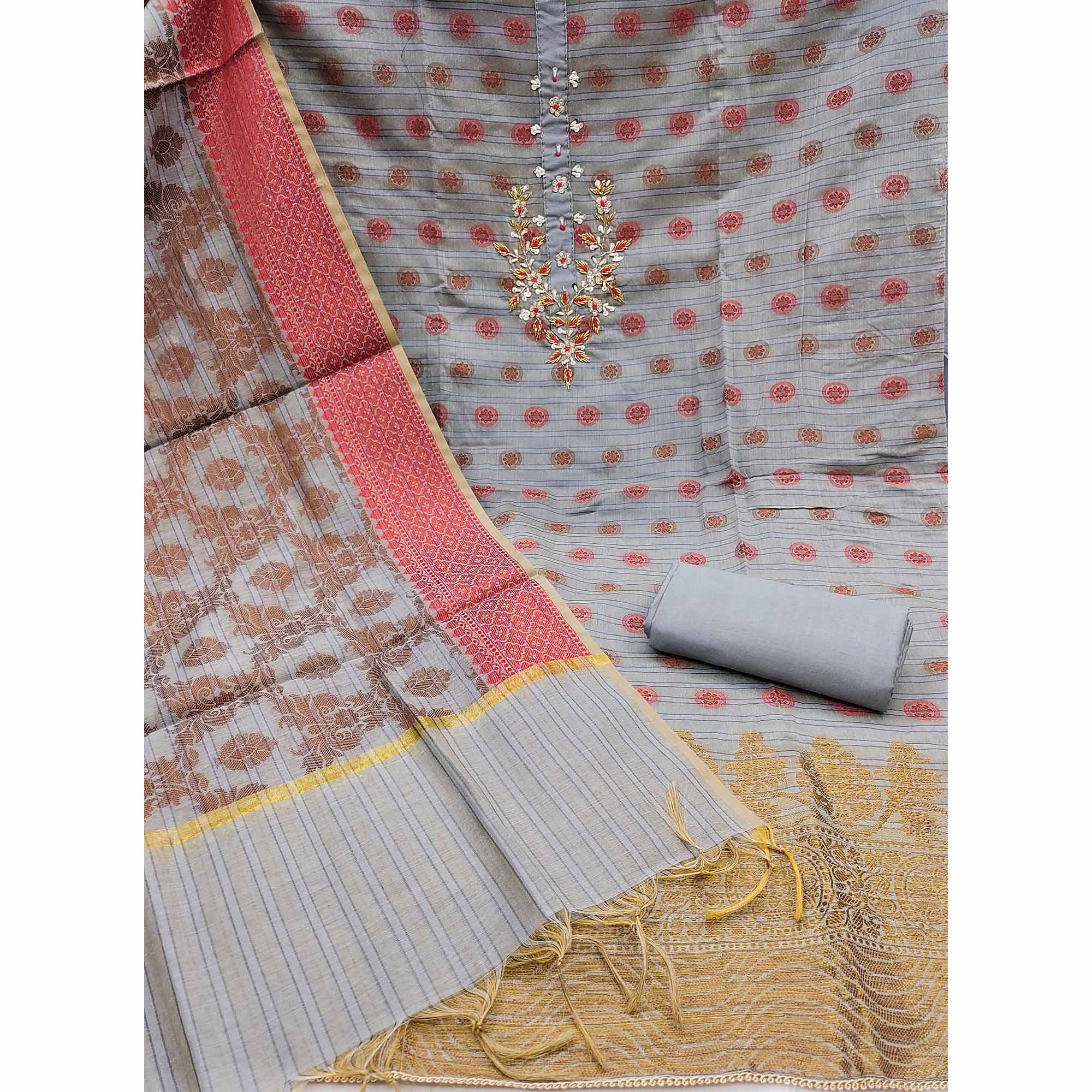 Grey Floral Woven With Handwork Banarasi Silk Dress Material