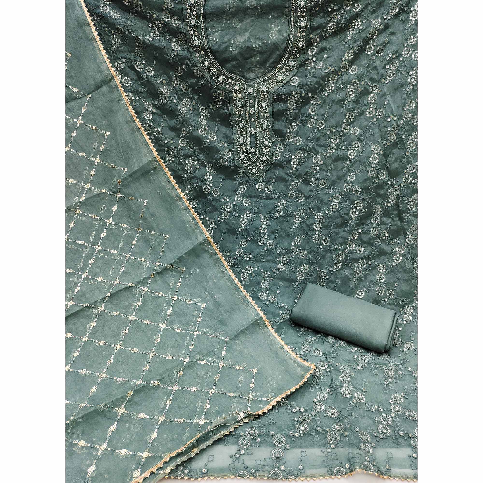 Green Sequins Embroidery With Handwork Organza Dress Material