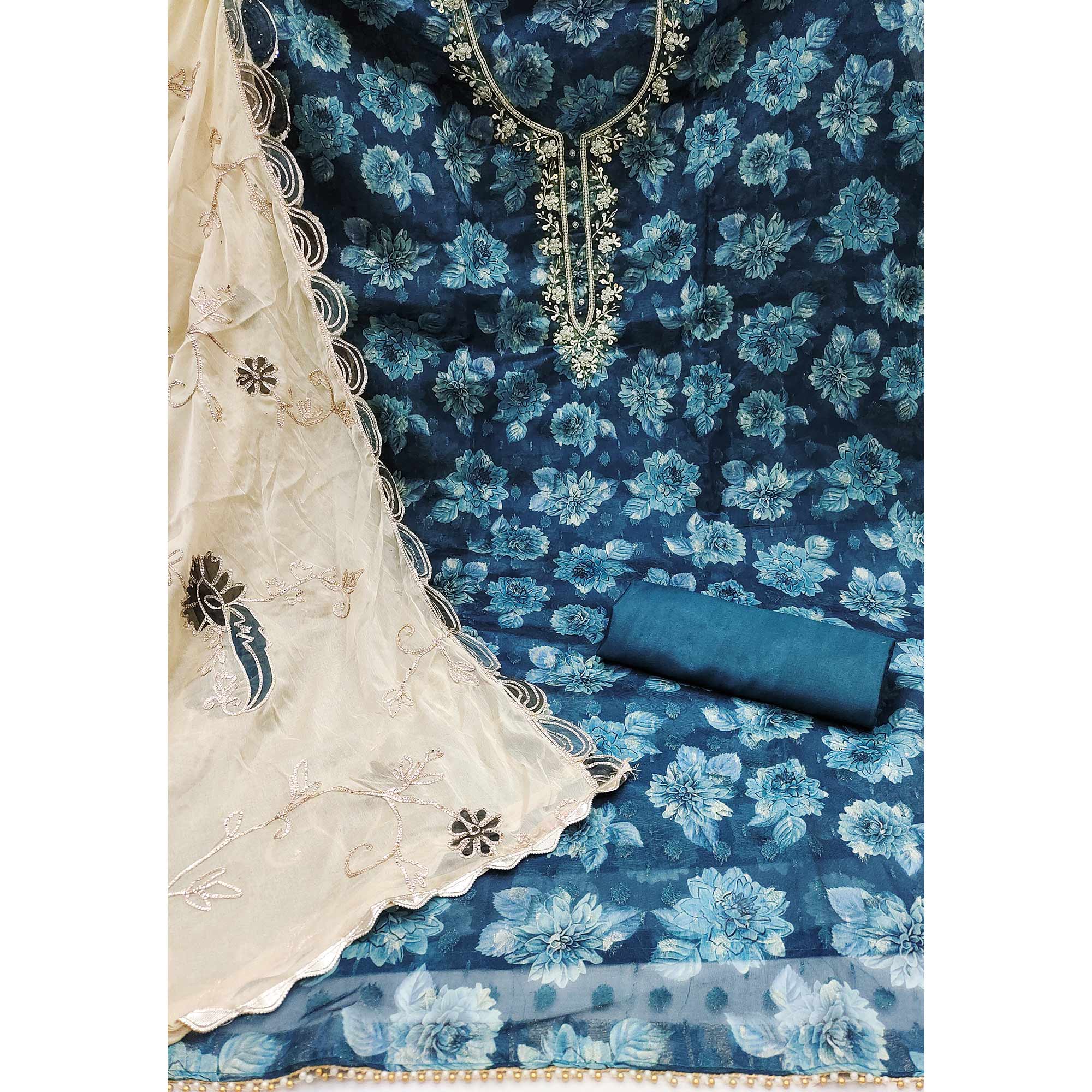Blue Floral Printed With Handwork Viscose Banarasi Dress Material