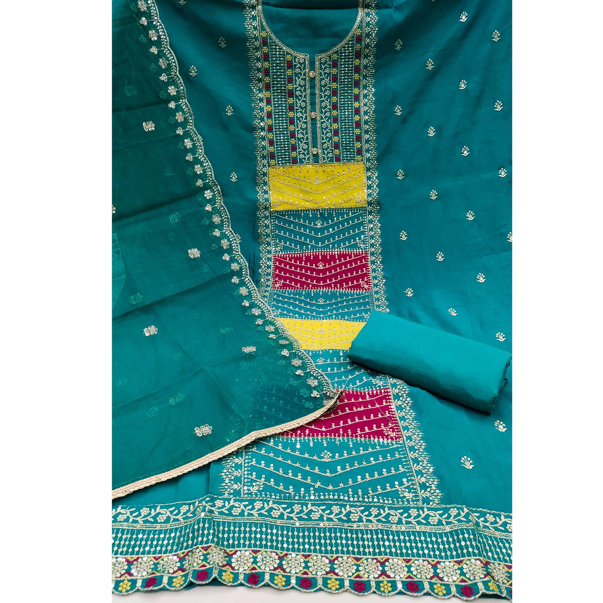 Rama Blue Floral Sequins Embroidered Roman Cotton Silk Dress Material