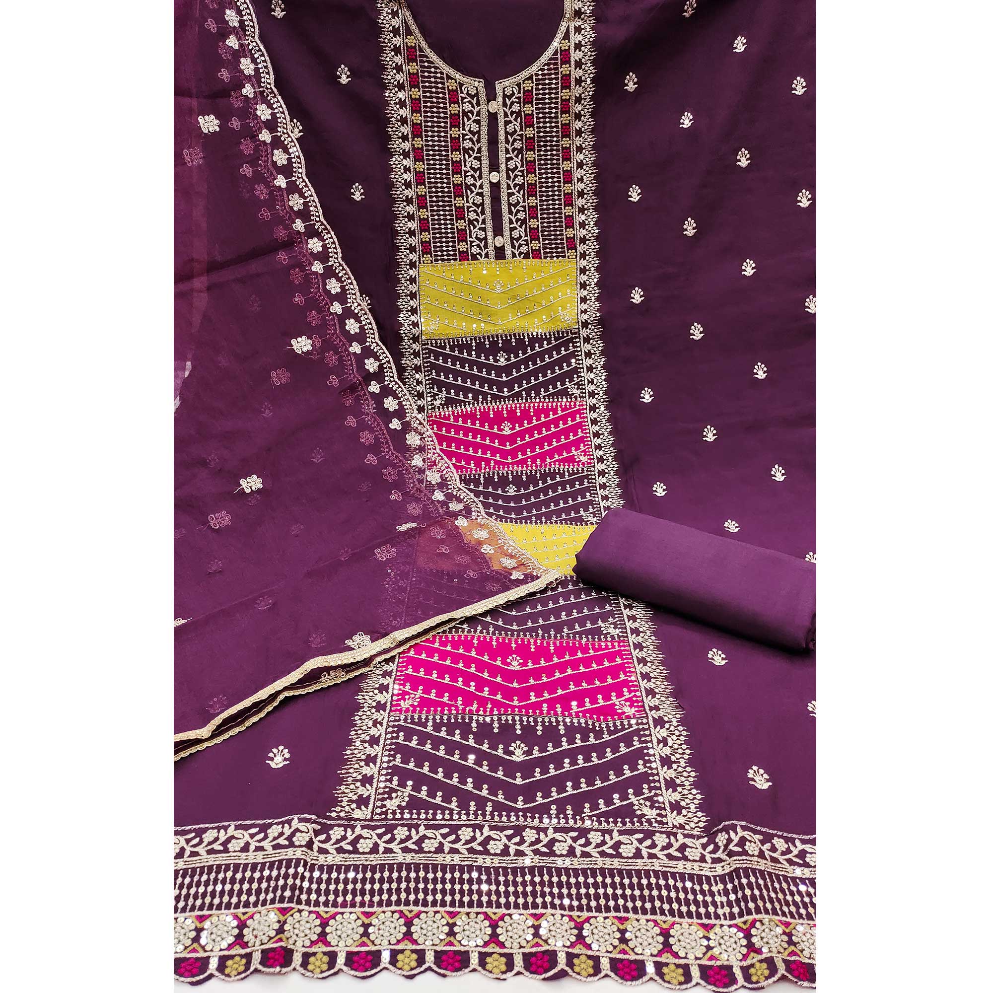 Wine Floral Sequins Embroidered Roman Cotton Silk Dress Material