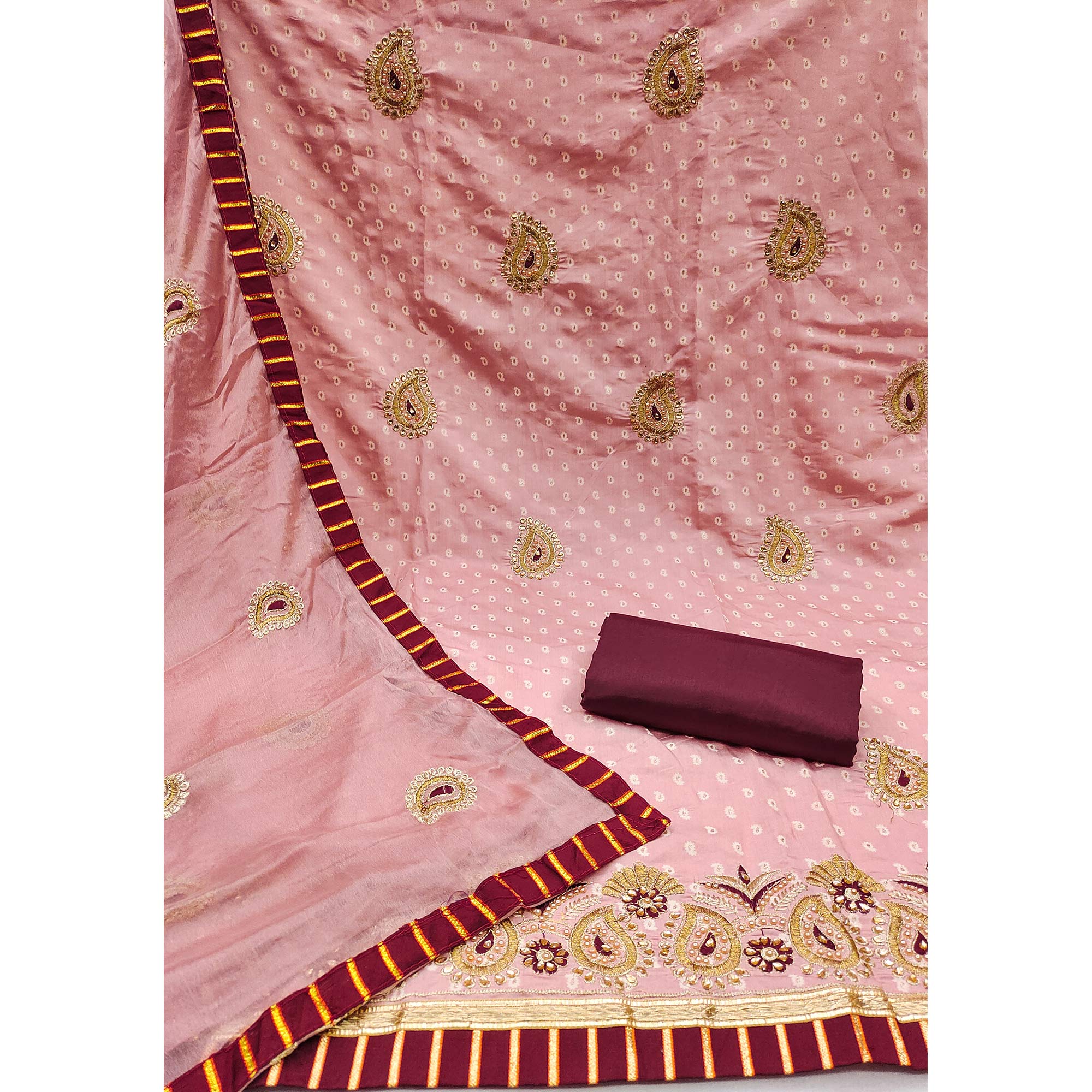 Peach Zari Embroidery With Handwork Roman Cotton Silk Dress Material