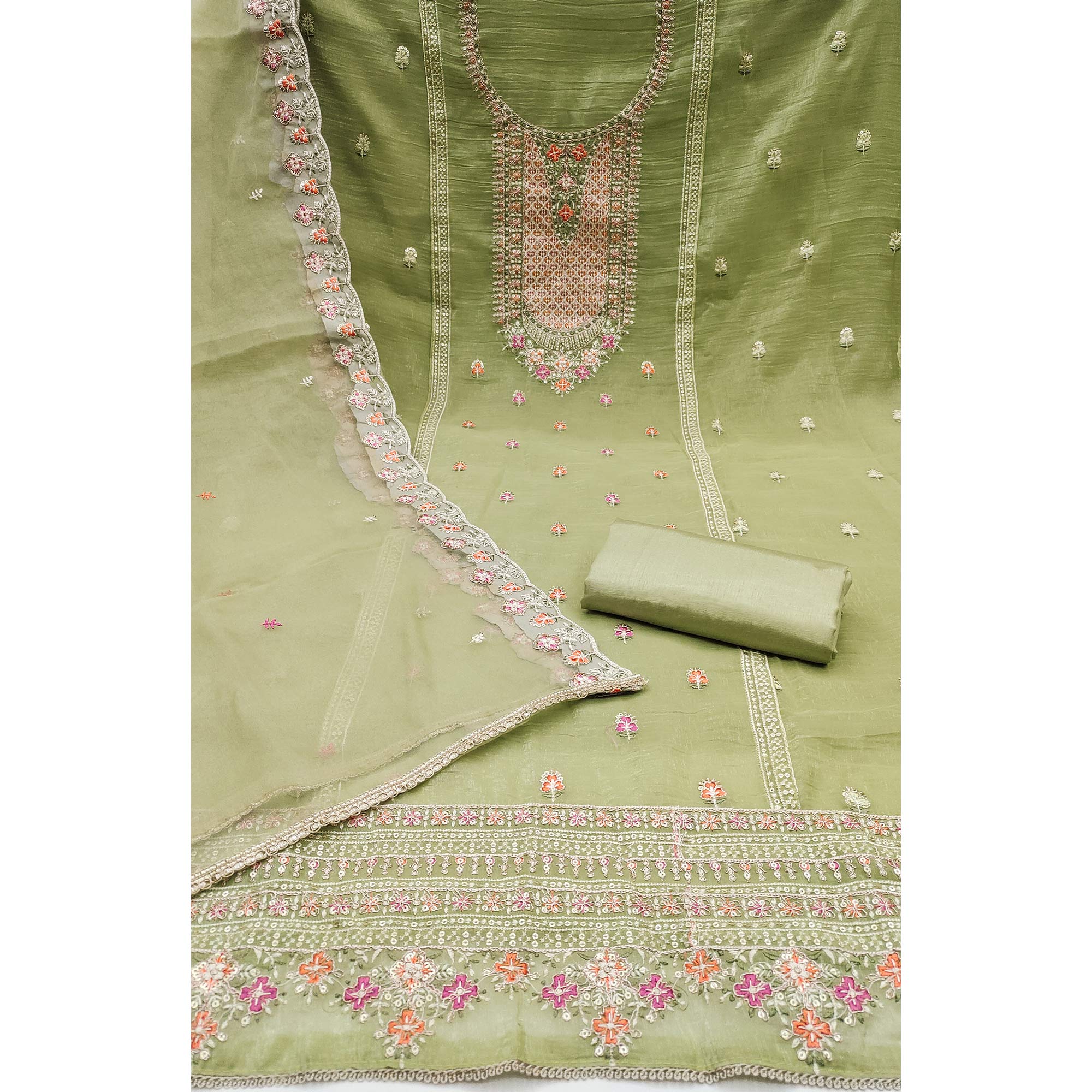 Green Floral Sequins Embroidery Viscose Dress Material