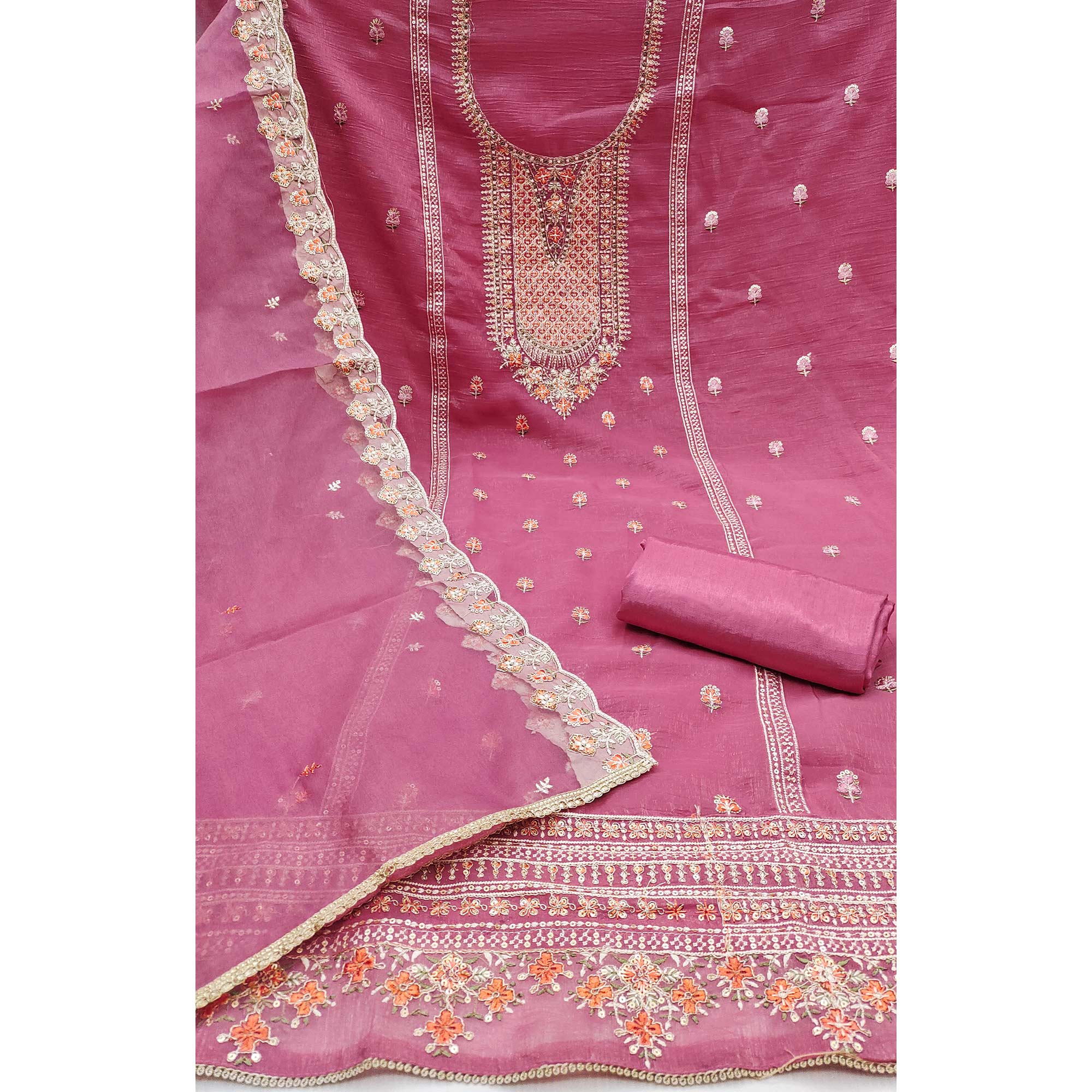 Pink Floral Sequins Embroidery Viscose Dress Material