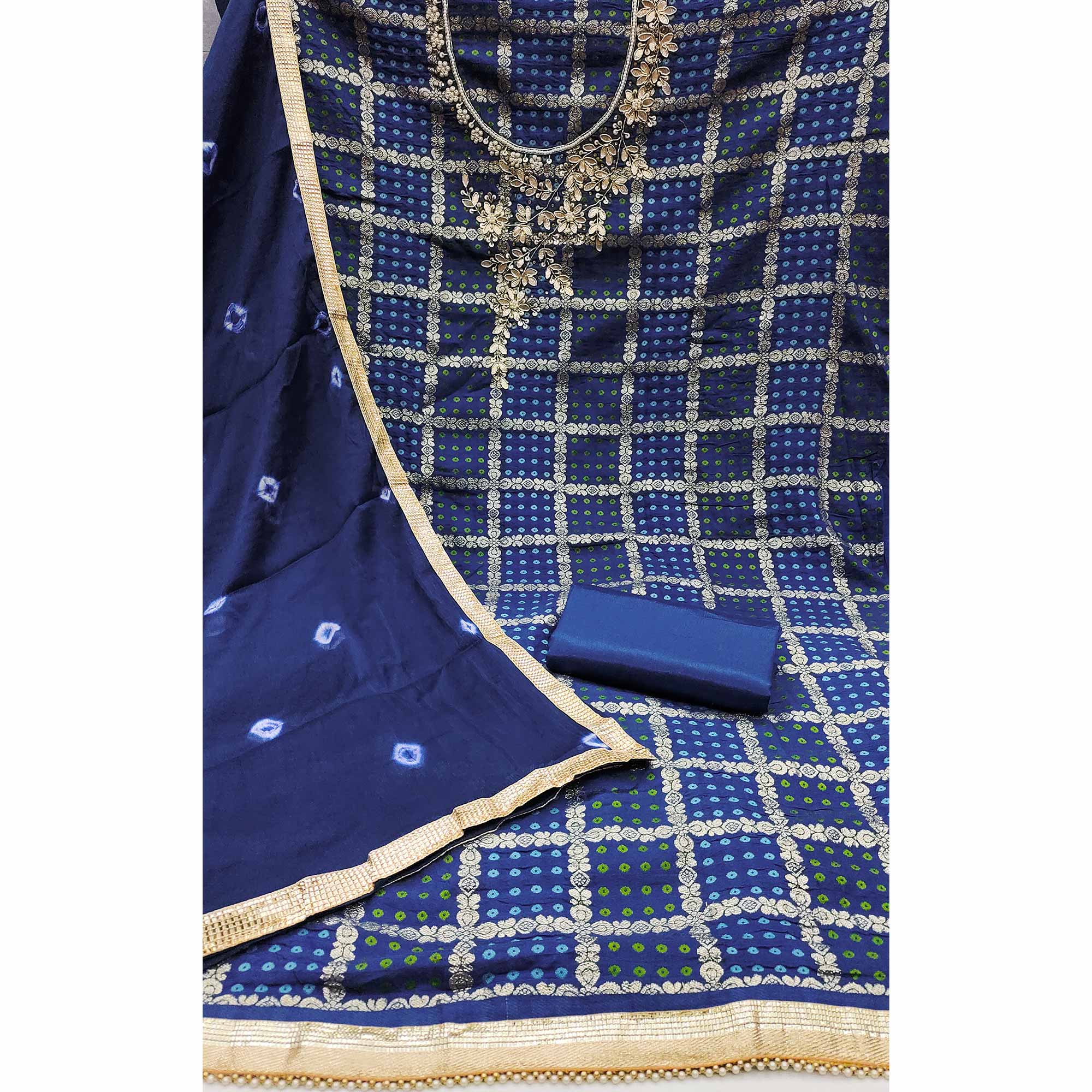 Blue Bandhani Woven With Handwork Cotton Silk Banarasi Dress Material