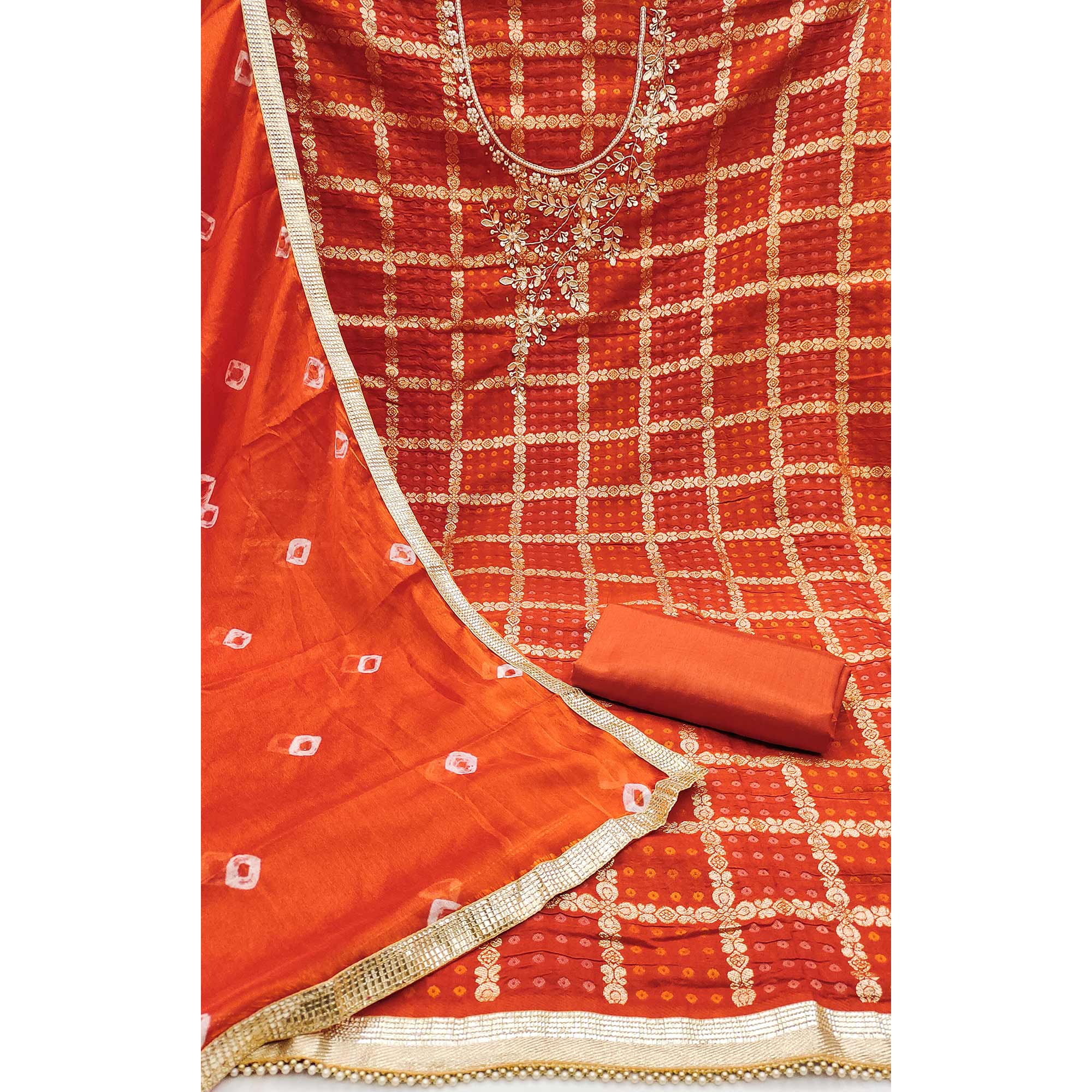 Orange Bandhani Woven With Handwork Cotton Silk Banarasi Dress Material