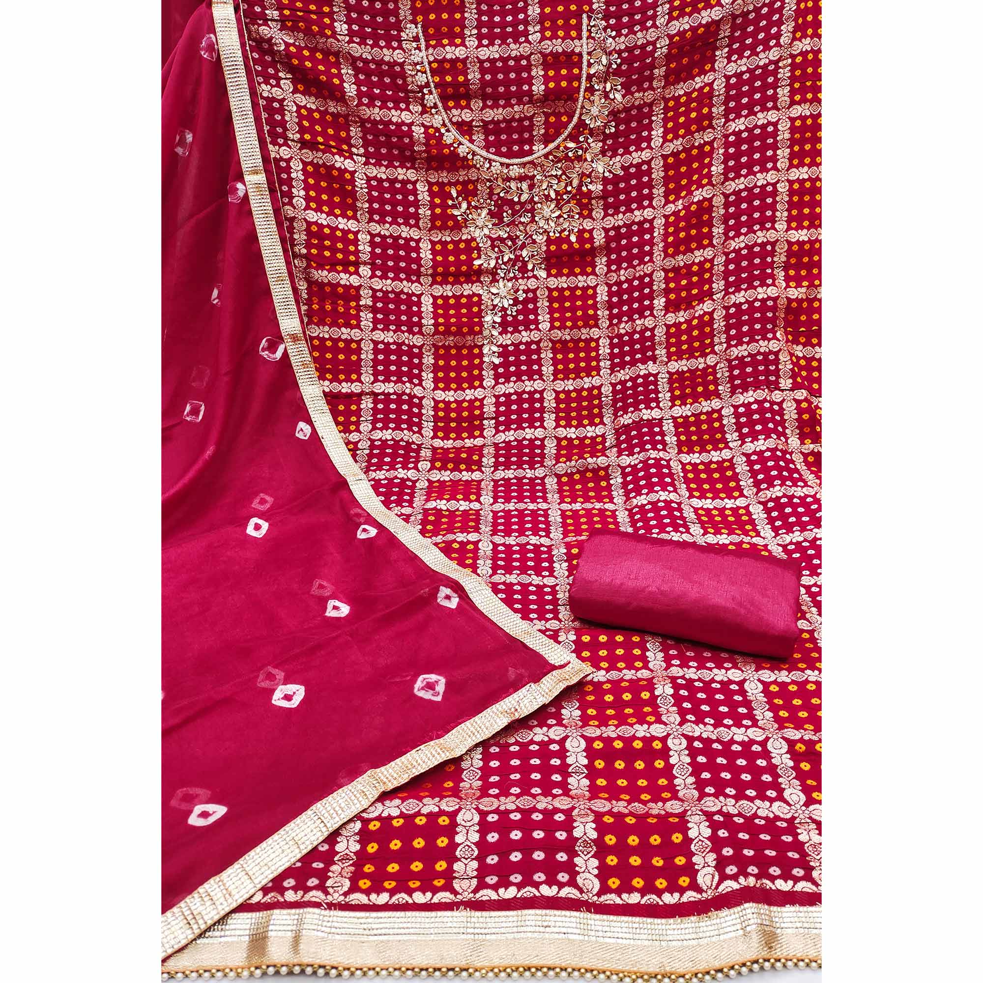Pink Bandhani Woven With Handwork Cotton Silk Banarasi Dress Material