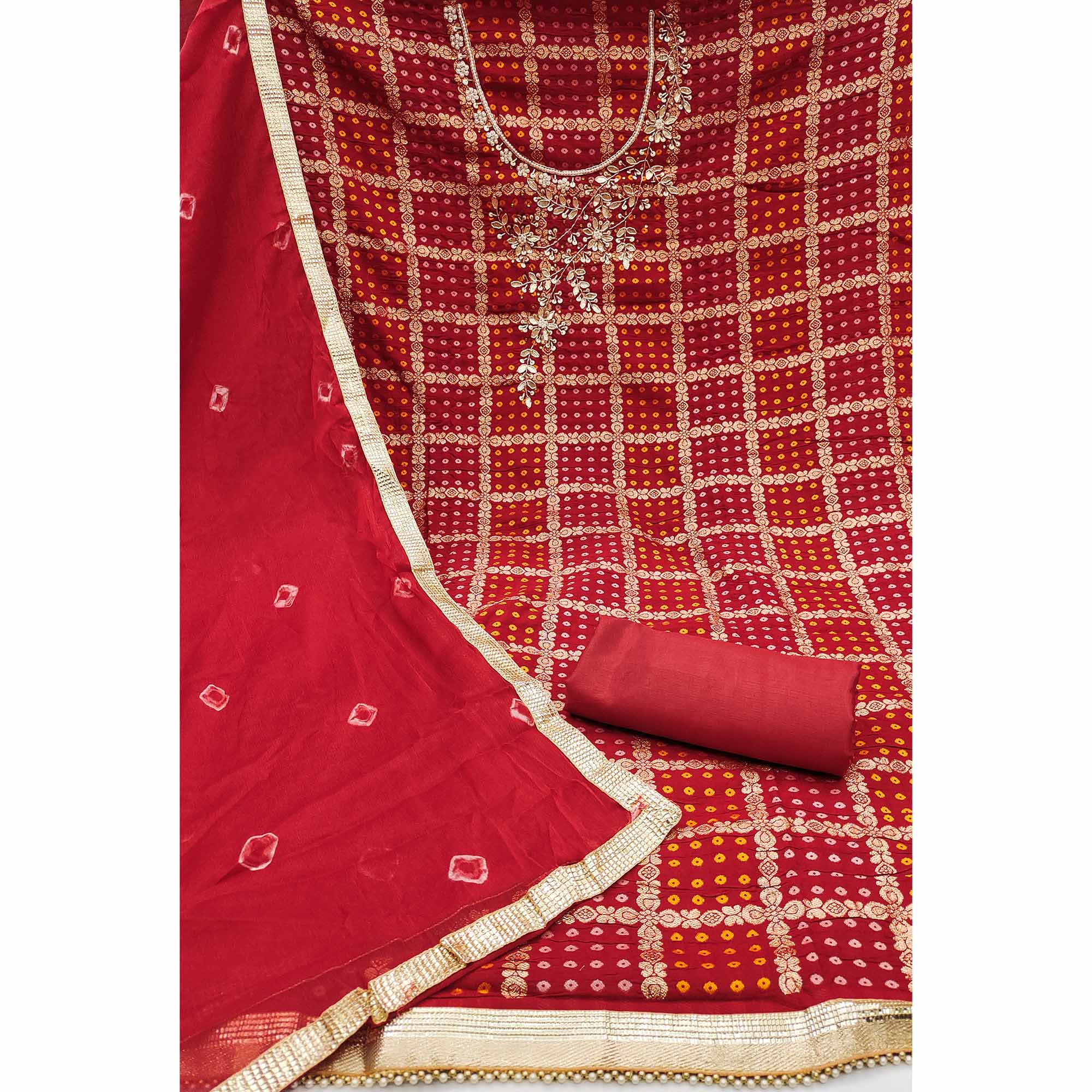 Red Bandhani Woven With Handwork Cotton Silk Banarasi Dress Material