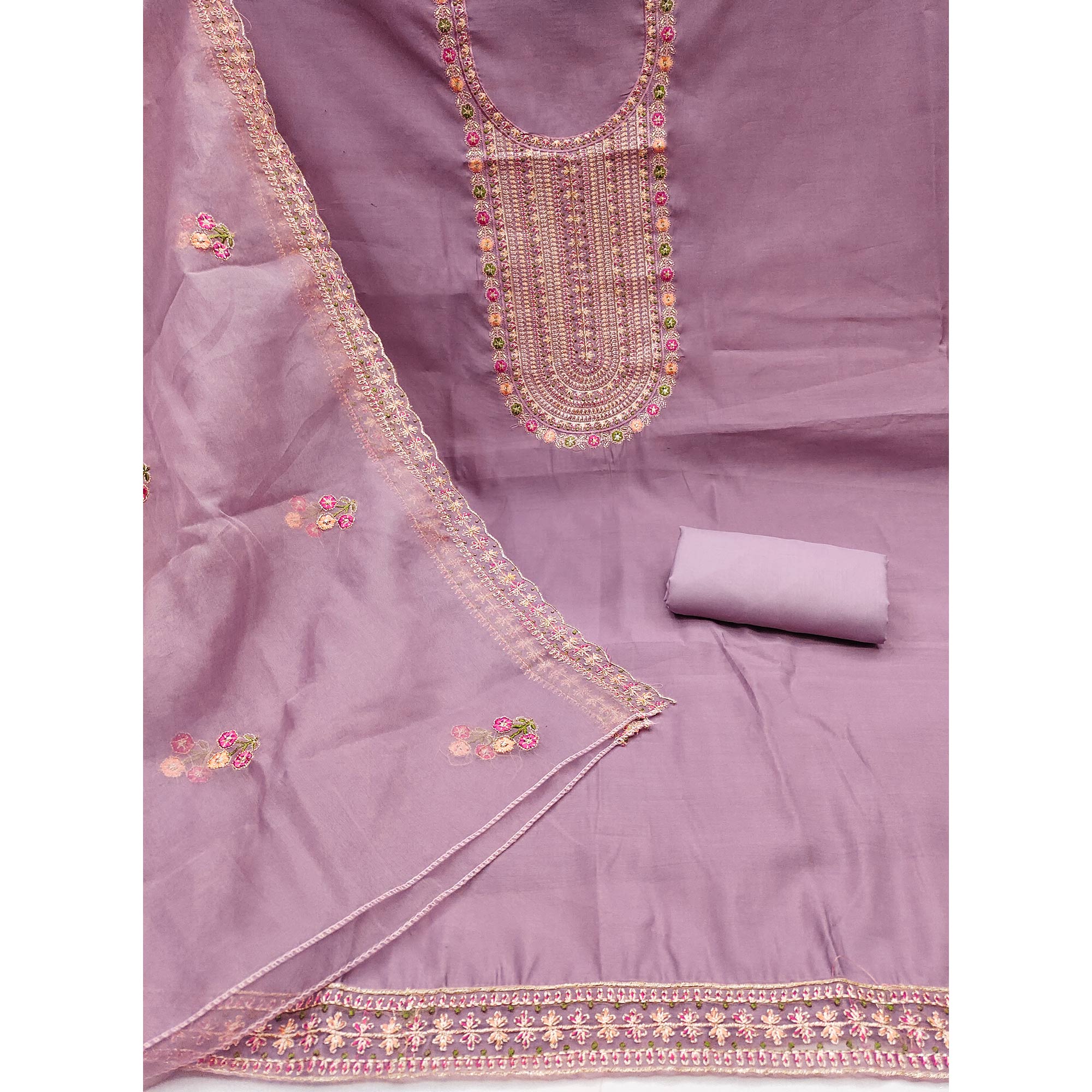 Light Purple Floral Embroidered Roman Cotton Silk Dress Material