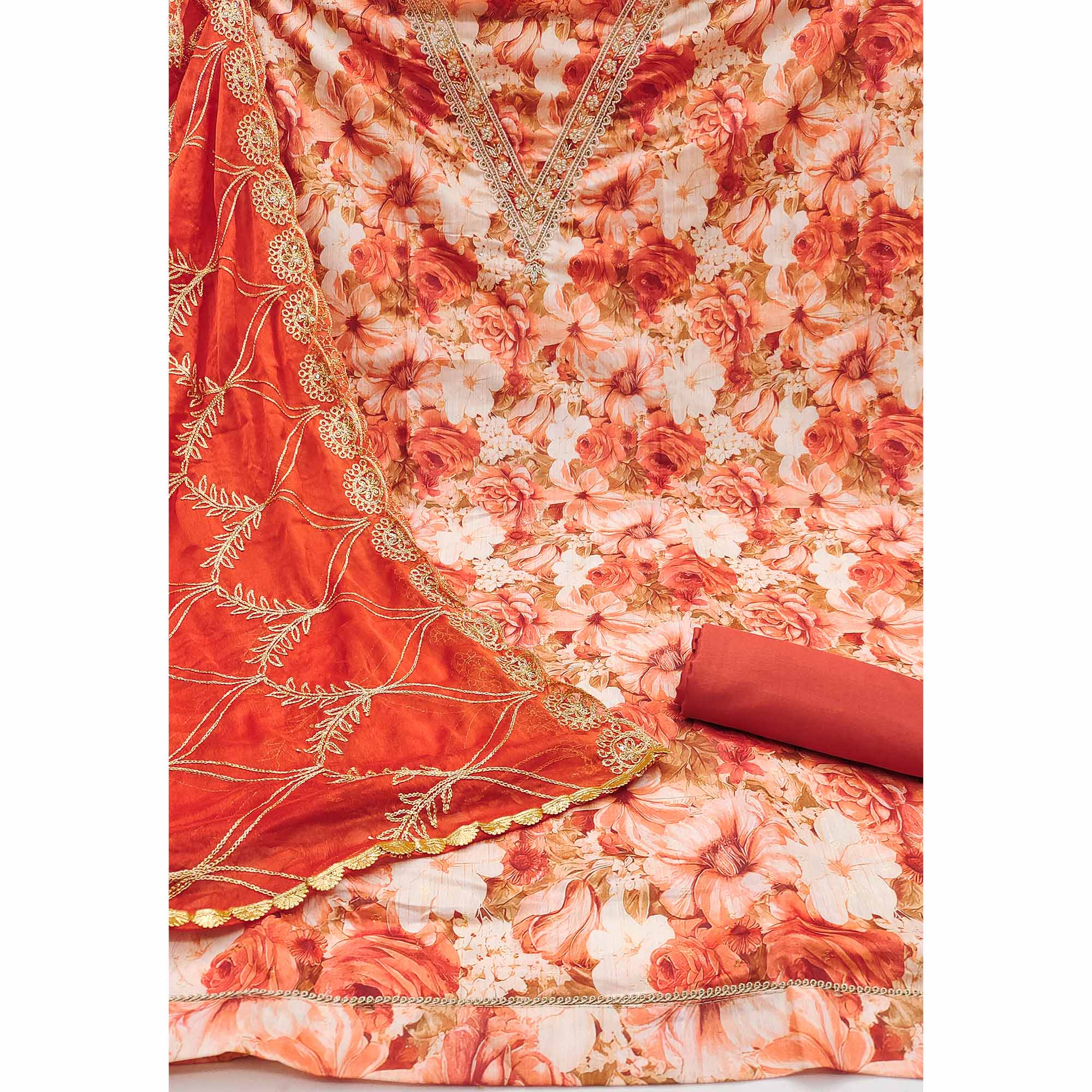 Orange Digital Printed With Handwork Viscose Banarasi Dress Material