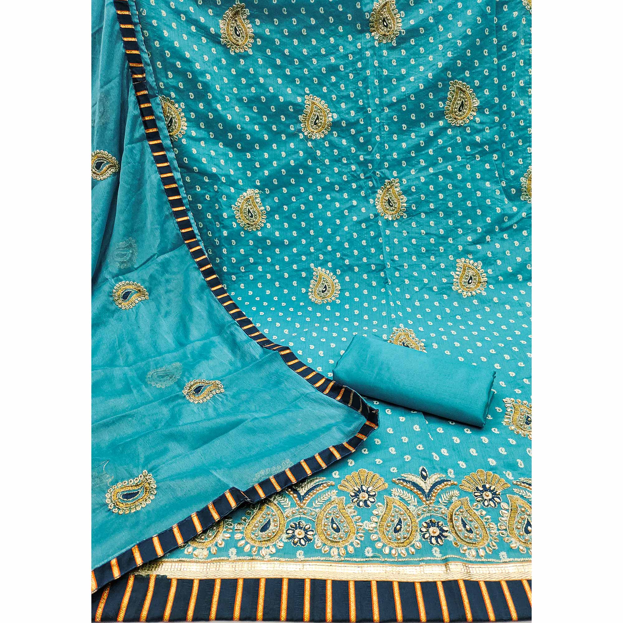 Blue Zari Embroidery With Hand Printed Modal Chanderi Silk Dress Material