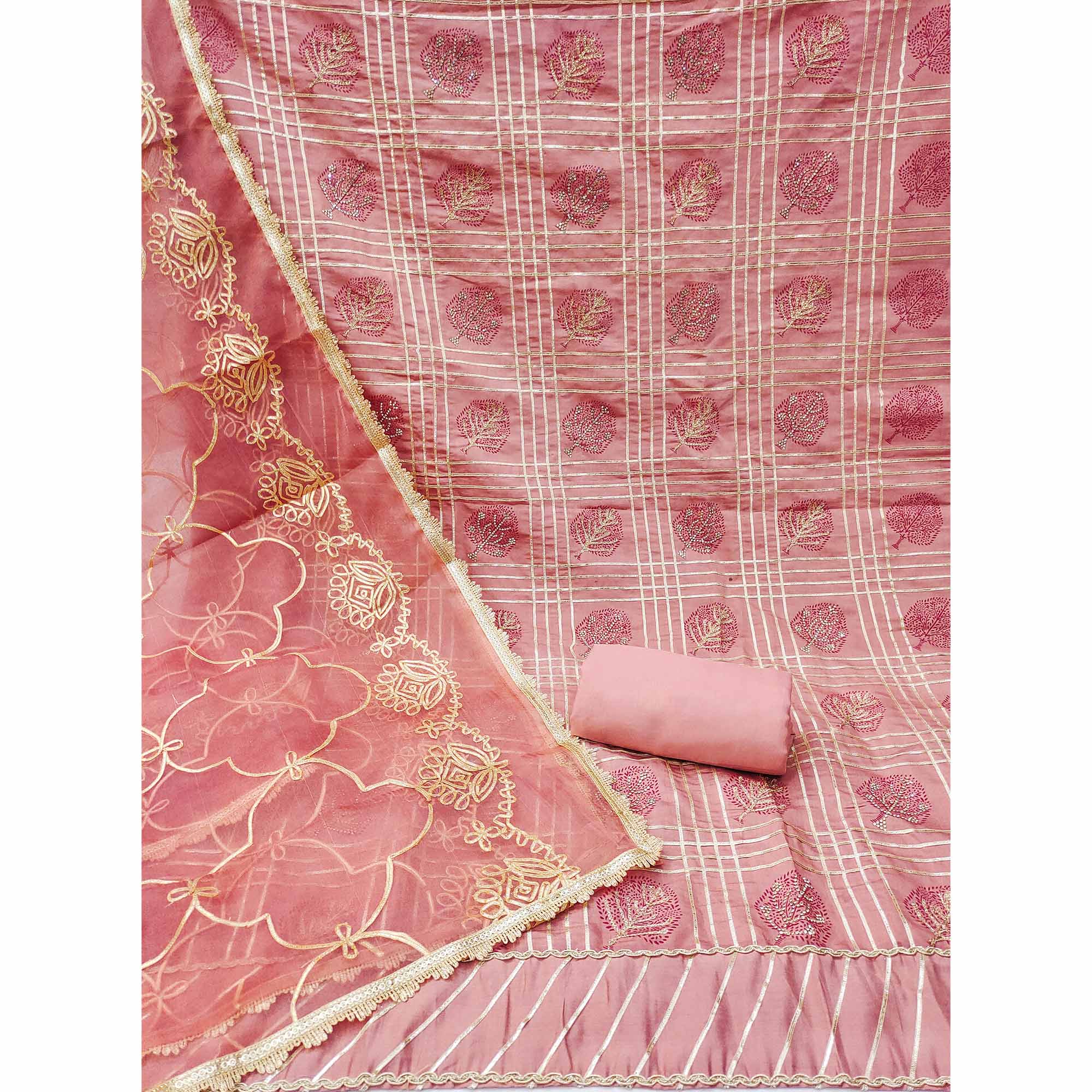 Peach Printed With Gota Patti & Stonework Roman Cotton Silk Dress Material