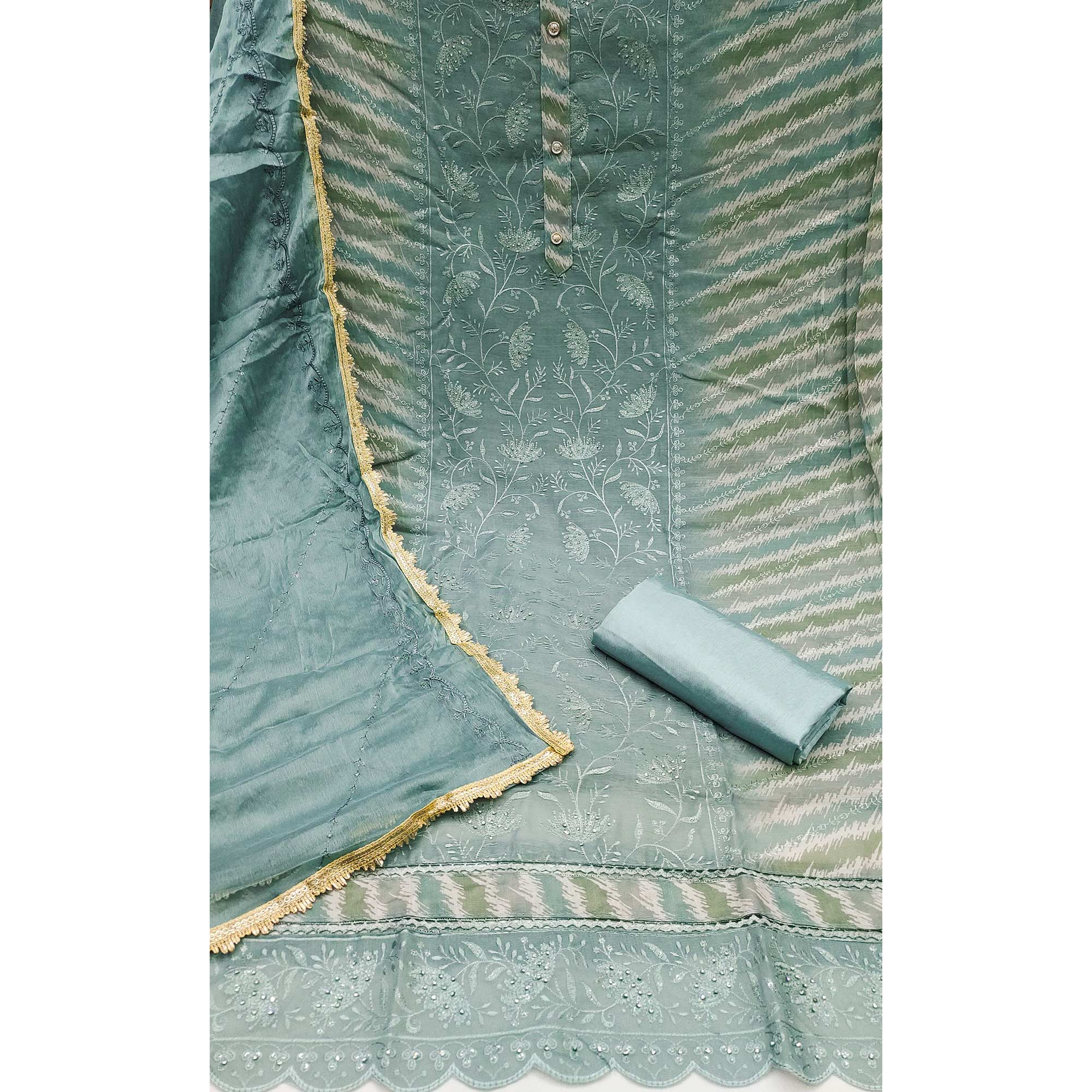 Sage Blue Floral Embroidery With Digital Printed Chanderi Silk Dress Material