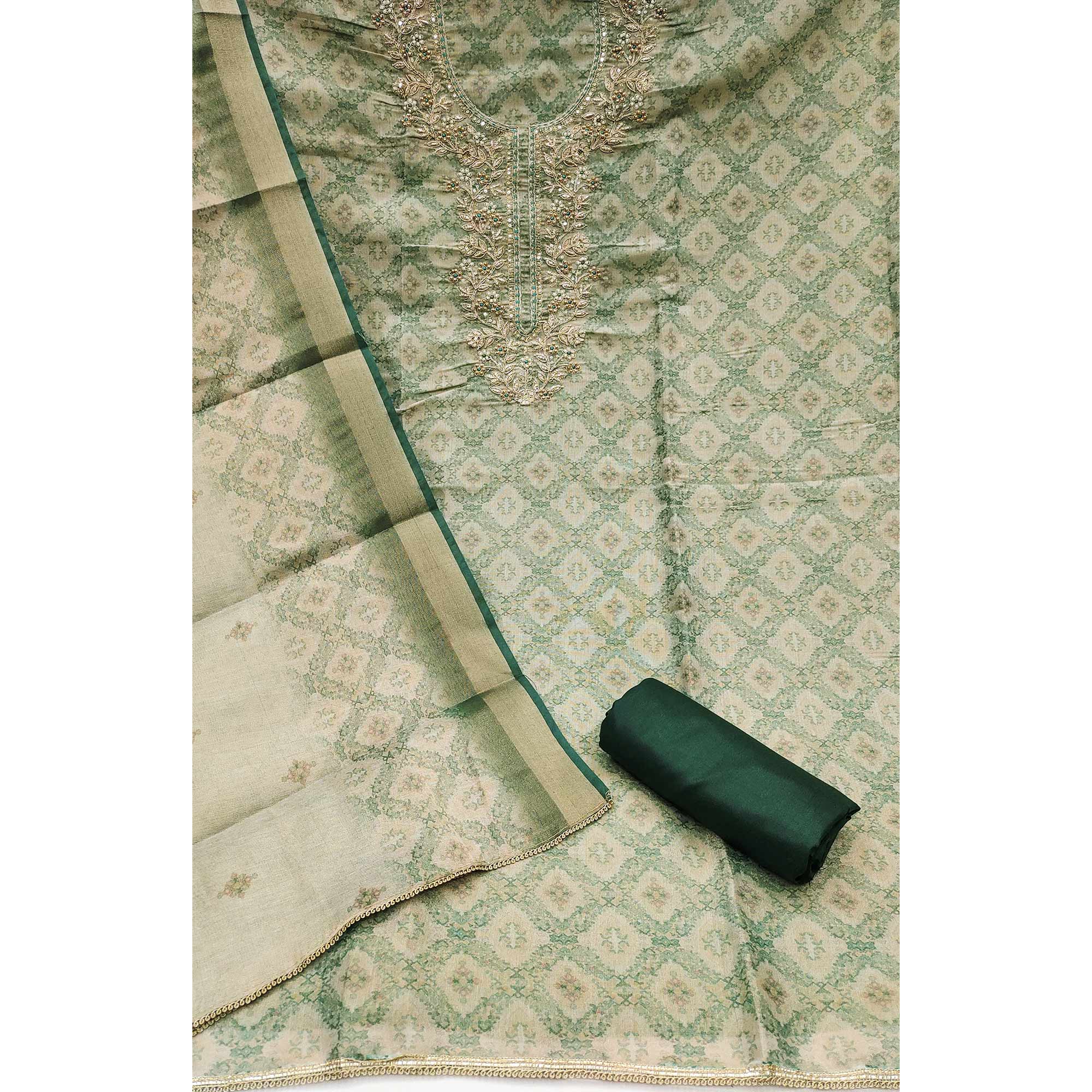 Green Digital Printed With Hand Embroidered Cotton Silk Dress Material