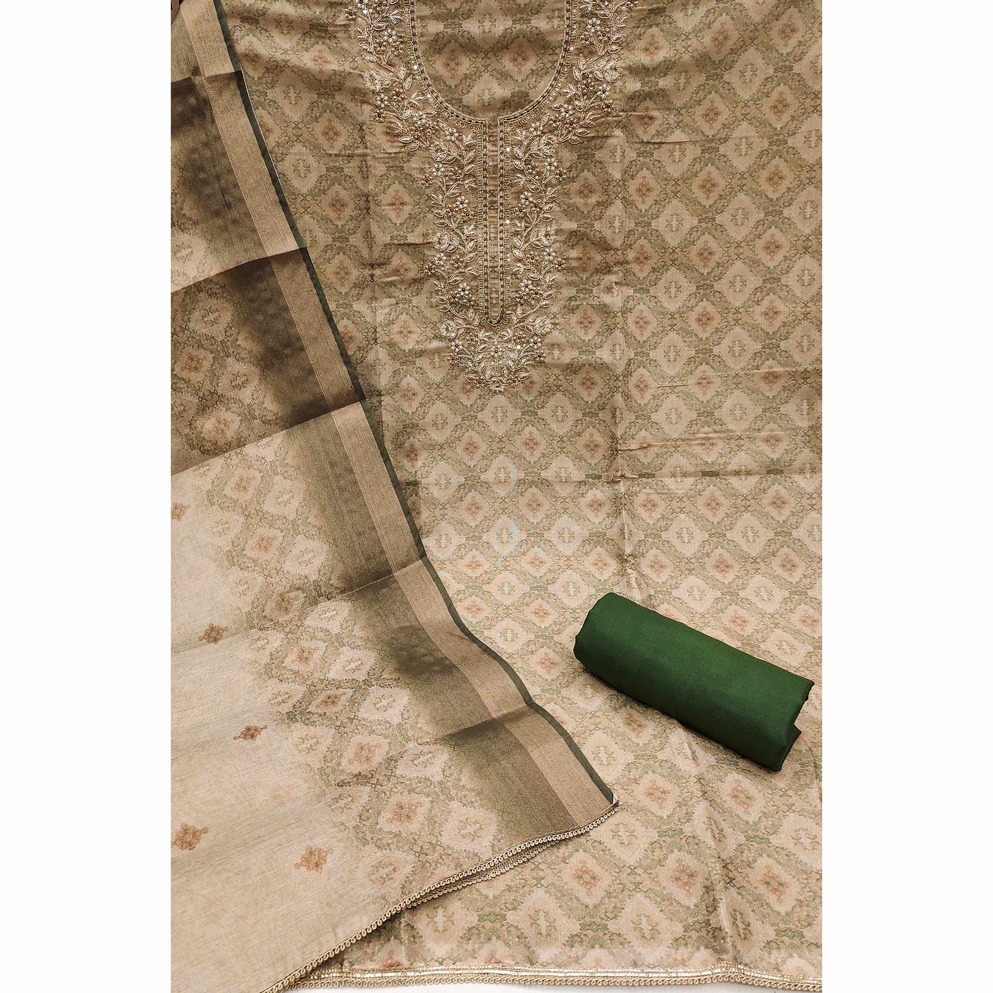 Mehendi Green Digital Printed With Hand Embroidered Cotton Silk Dress Material