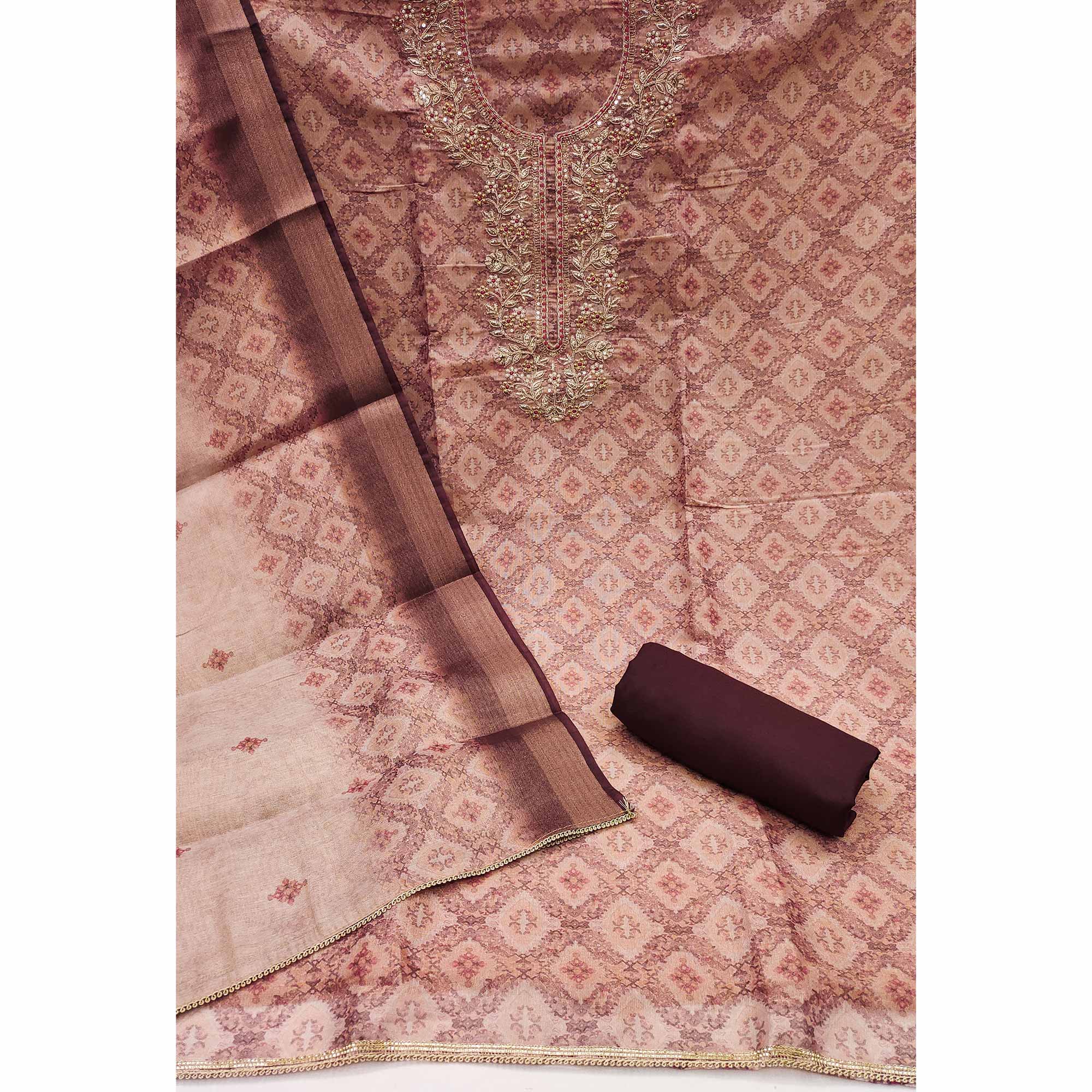 Peach Digital Printed With Hand Embroidered Cotton Silk Dress Material