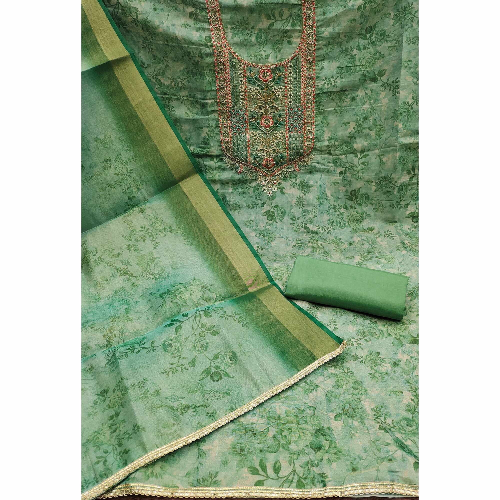 Green Floral Digital Printed With Moti Handwork Cotton Silk Dress Material