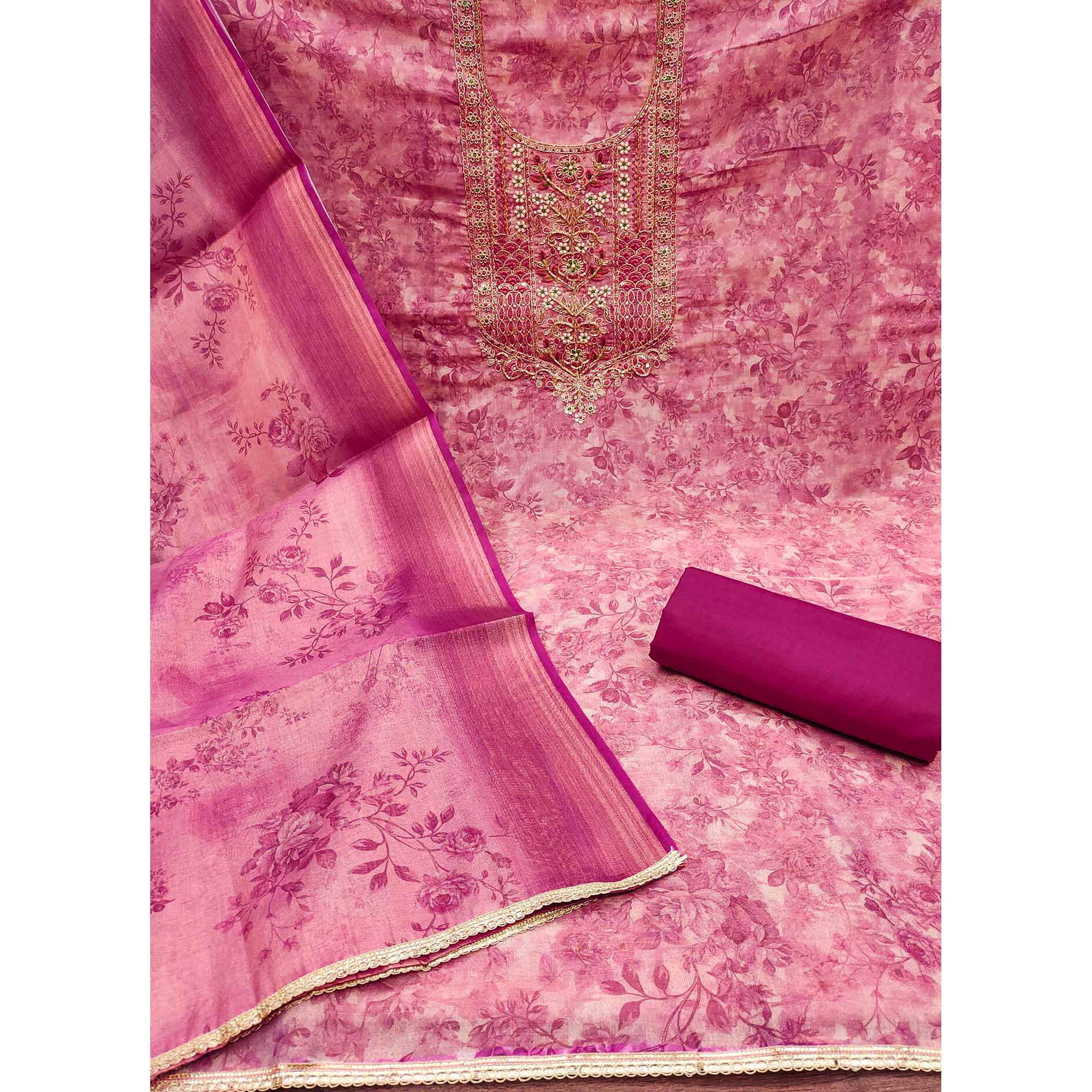 Rani Pink Floral Digital Printed With Moti Handwork Cotton Silk Dress Material