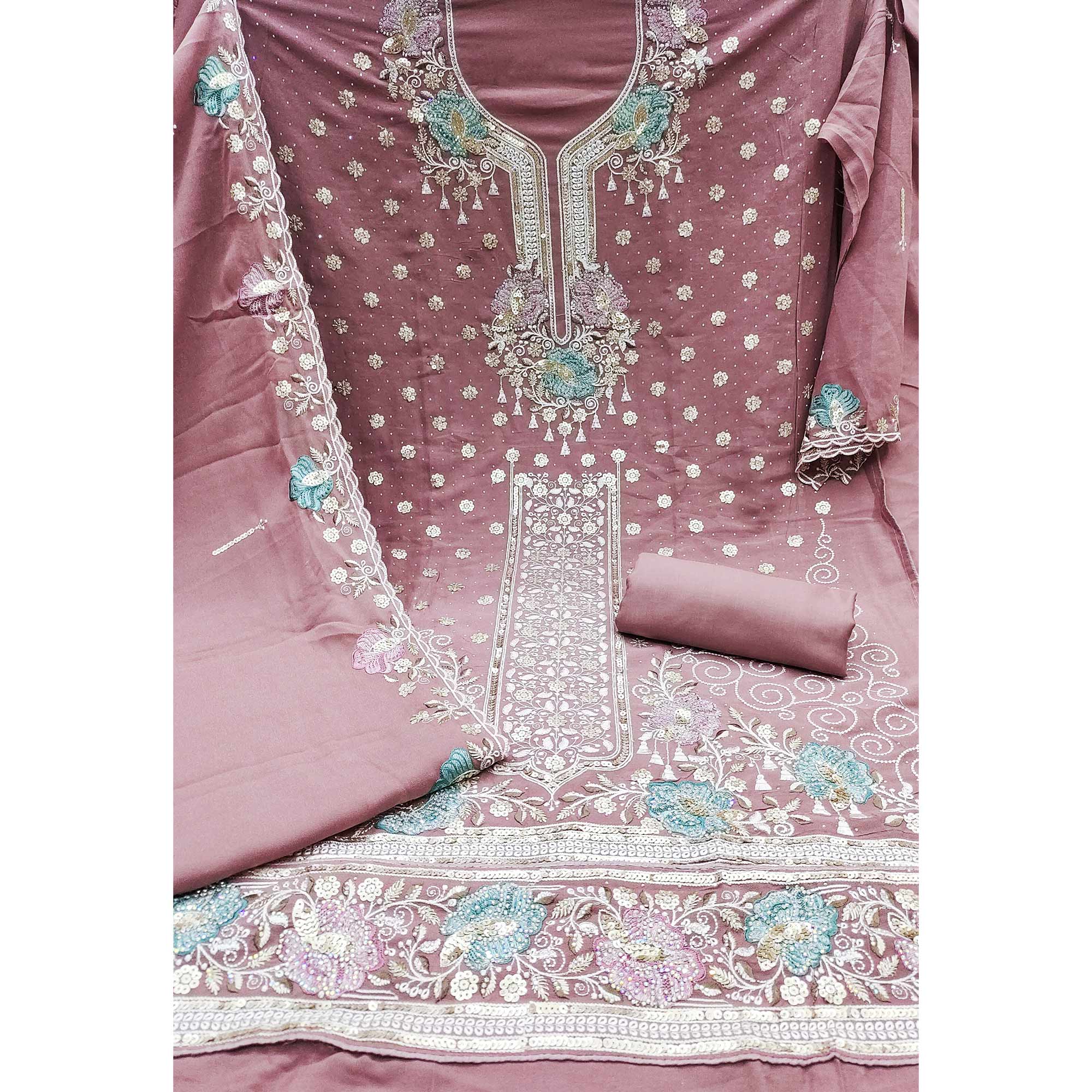 Dusty Pink Floral Sequins Embroidery With Stonework Dress Material In Viscose