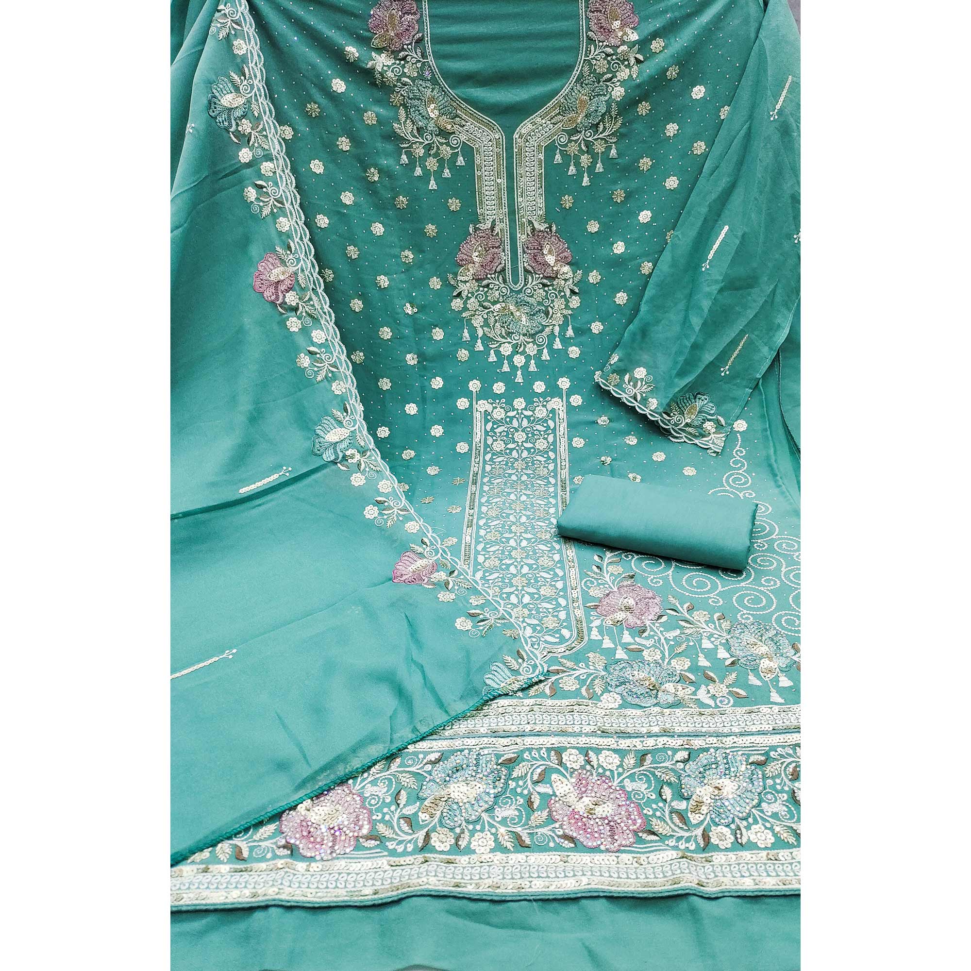 Turquoise Floral Sequins Embroidery With Stonework Dress Material In Viscose