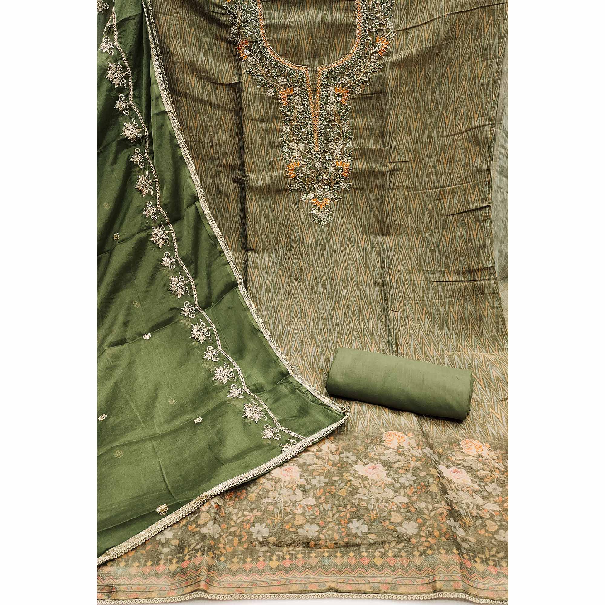 Festive Ready Green Dress Material in Cotton Silk with Exquisite Hand Embroidery