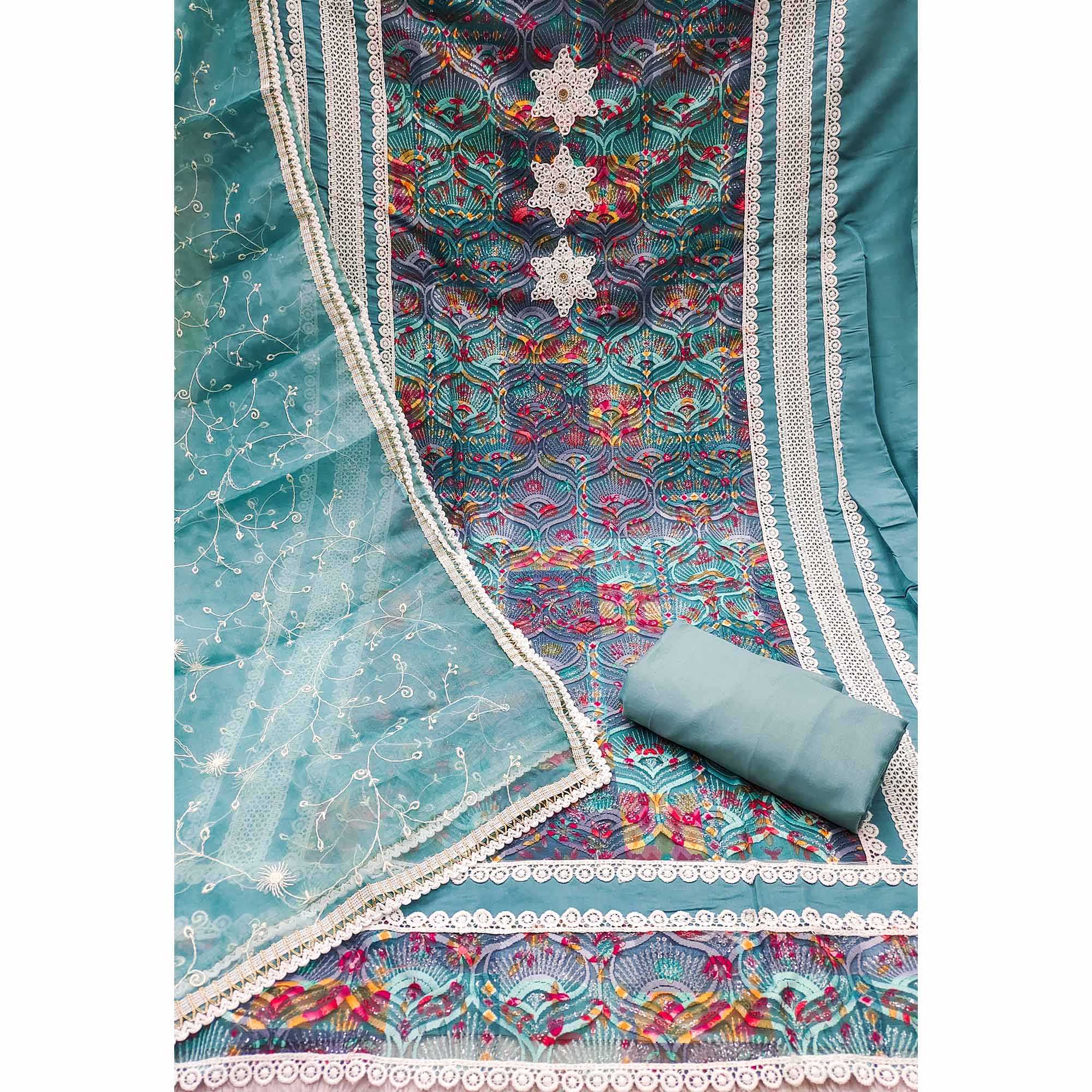 Festive Ready Teal Heavy Embroidered Dress Material in Roman Cotton Silk Fabric
