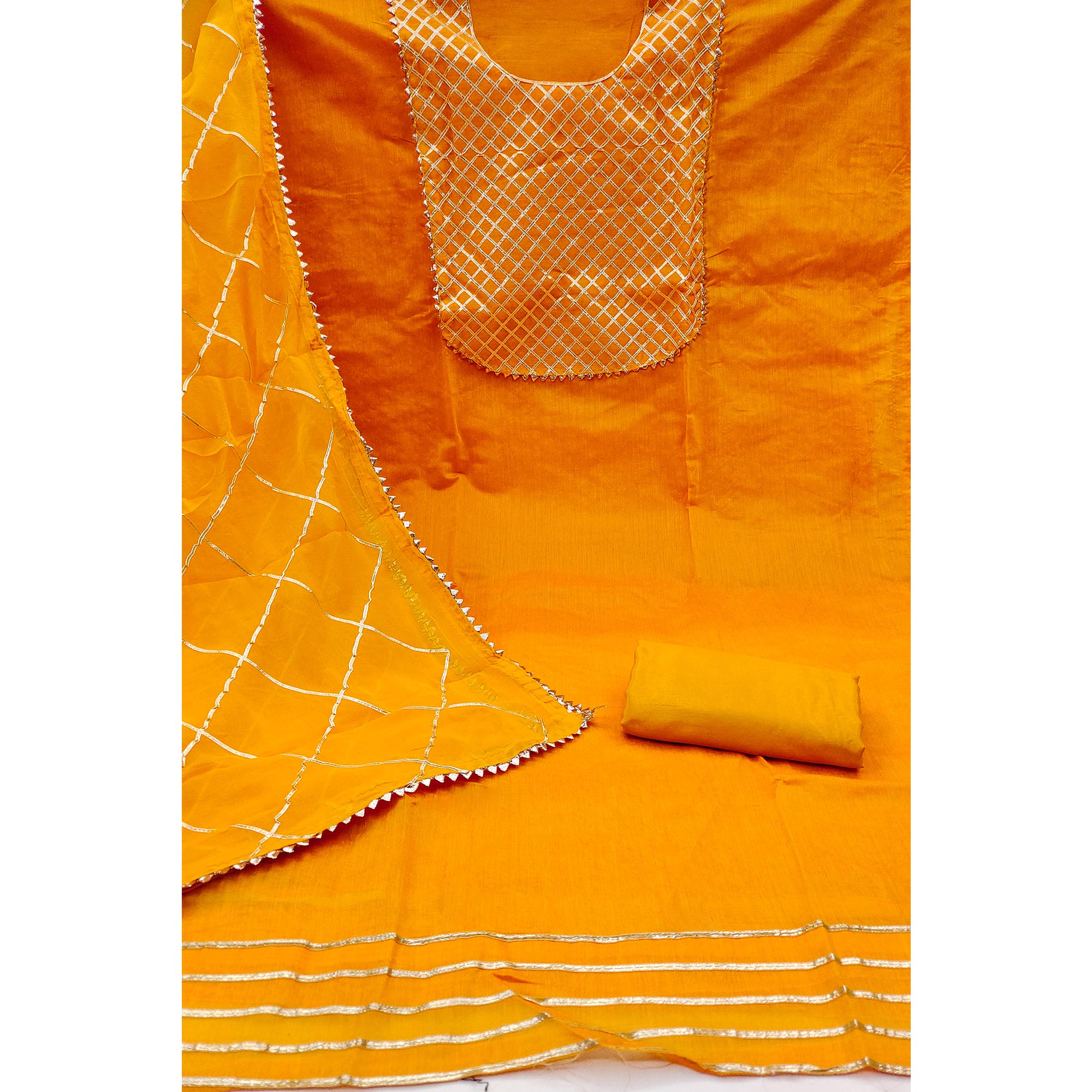 Orange Dress Material in Modal Chanderi Silk With Traditional Gota Patti Embellishments